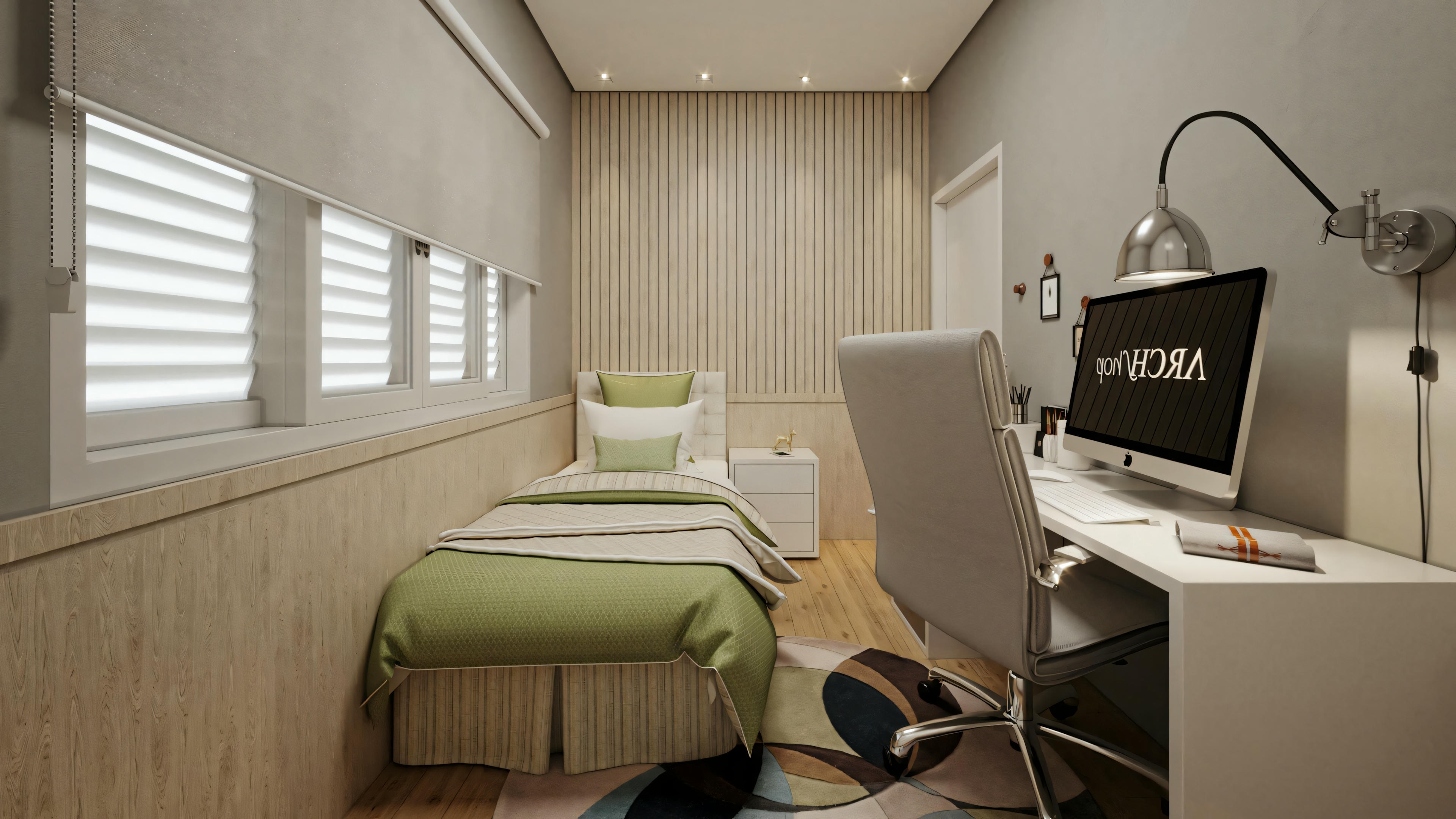 Una habitación con cama, mesitas de noche, luminaria y un escritorio con silla. Las paredes tienen papel tapiz estampado y hay una gran ventana con cortinas.