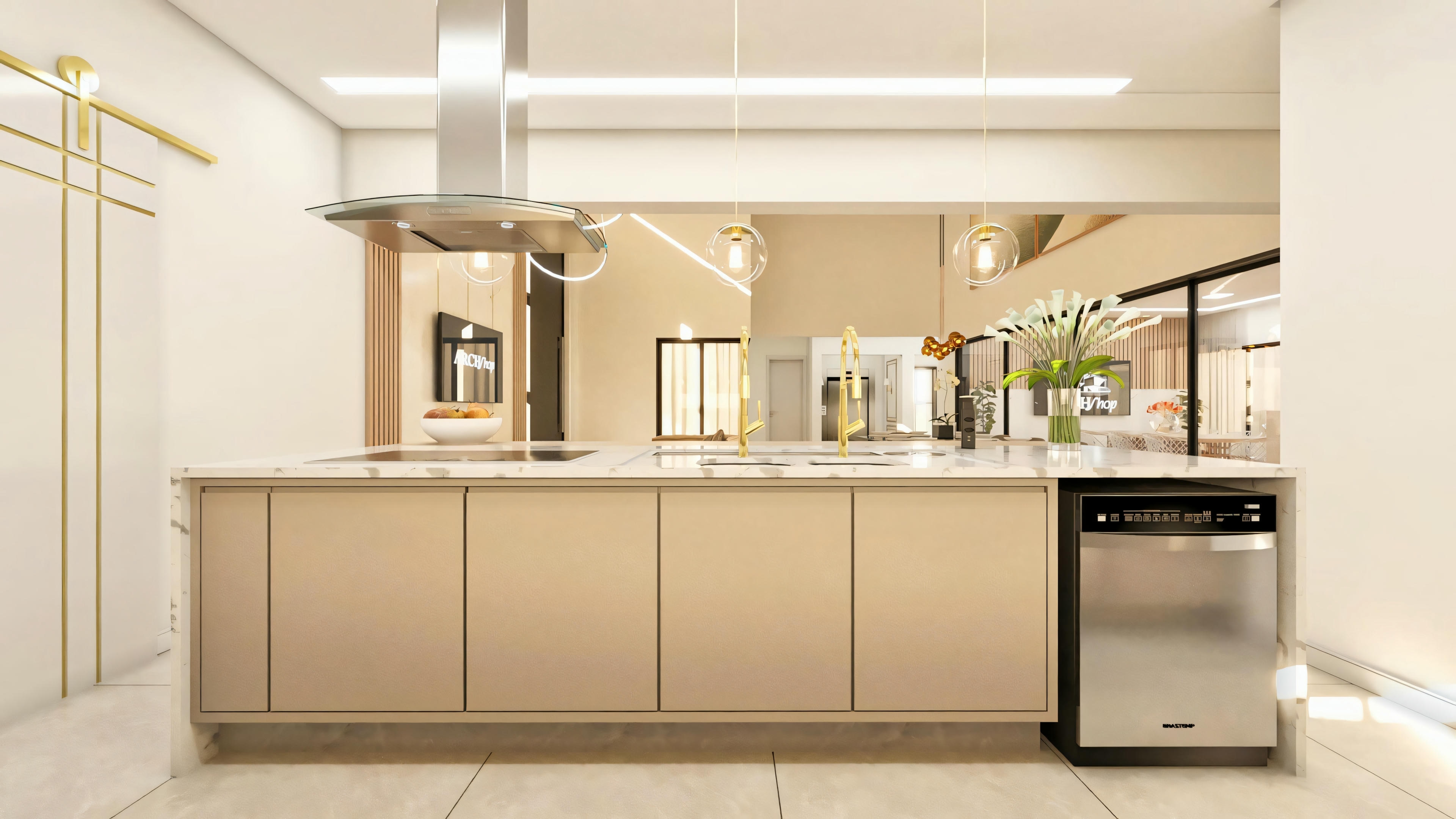 Ilha da cozinha gourmet em projeto residencial de luxo, vista mostrando armários planejados, cuba, coifa e máquina de lavar louças embutida.