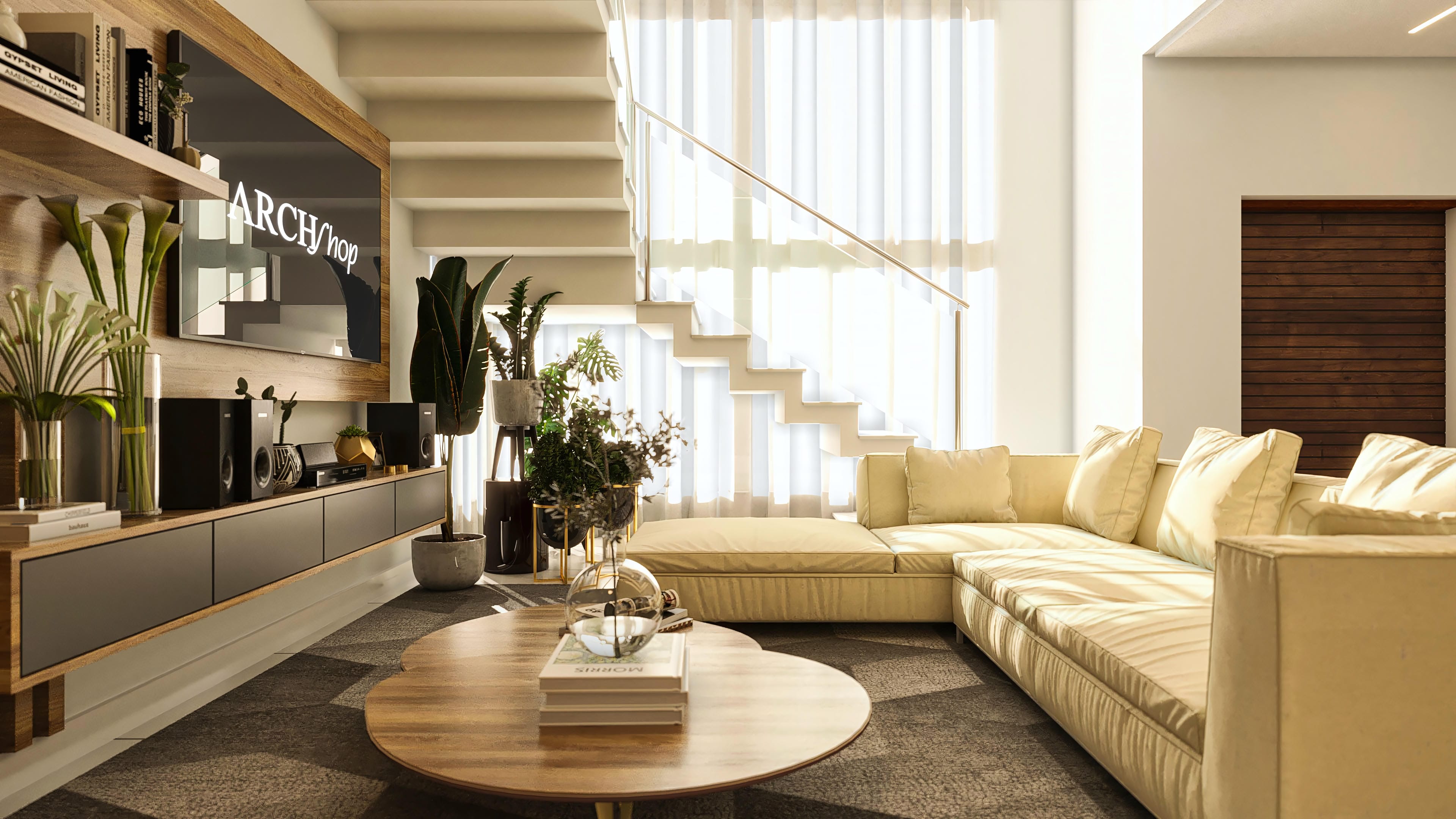 Ambiente interno de casa moderna de dos plantas con sala de estar amplia e integrada a la escalera flotante con pasamanos metálico. Destaca el sofá esquinero en tono claro, mesa de centro con detalles en madera y amplio panel con nichos para TV. Cortinas translúcidas crean iluminación suave.
