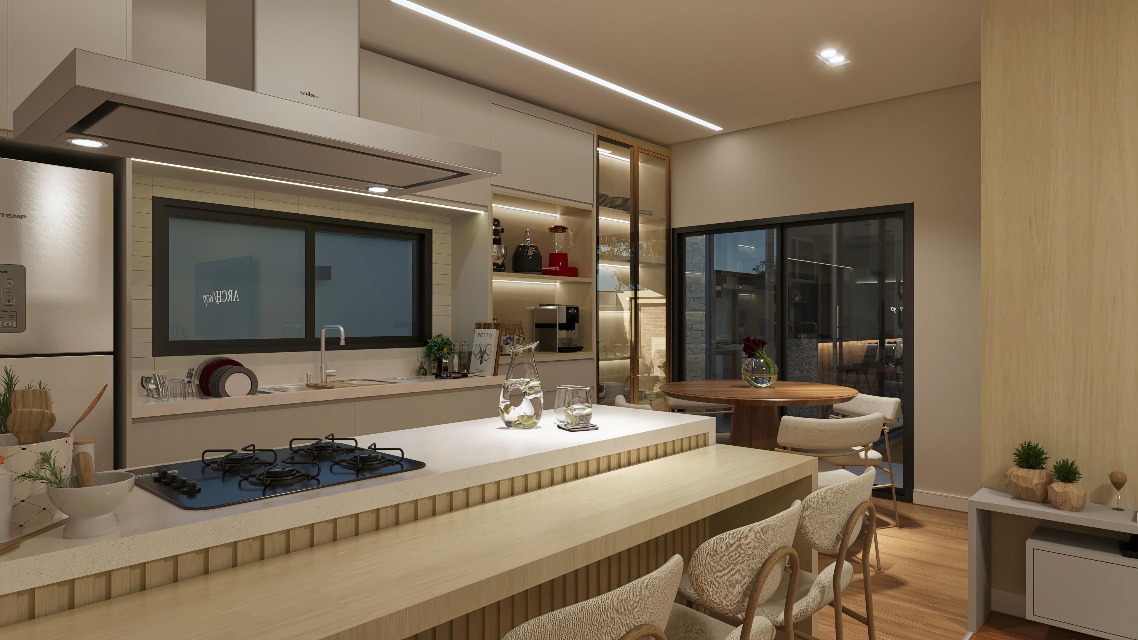 Interior of an integrated kitchen and dining room, with an island counter, visible gourmet area, and a large window overlooking the external area with a pool.