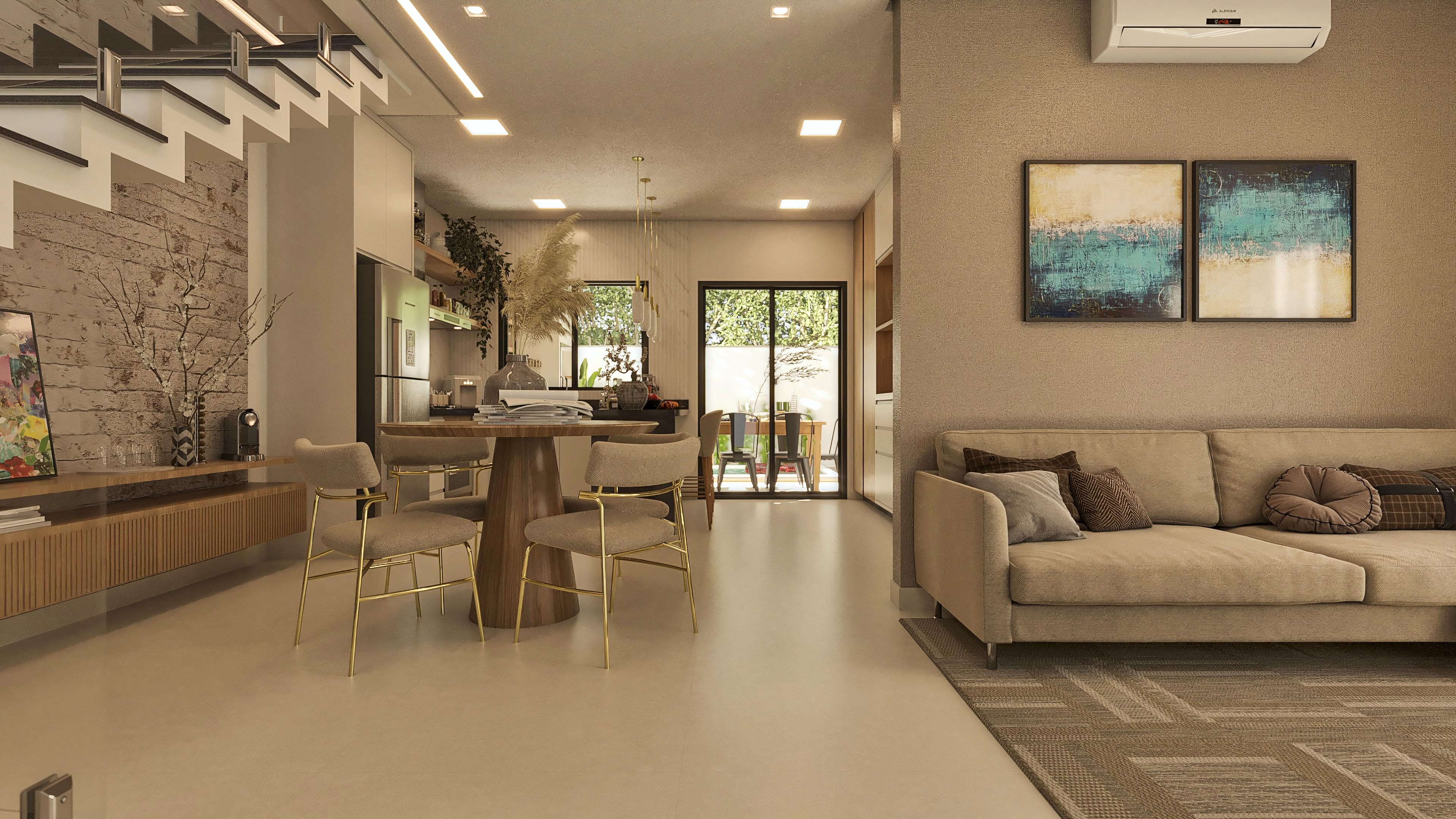 Interior of a modern two-story house with integrated living and dining rooms. Wood details, textured cladding, and recessed lighting. View of the outdoor area with garden.