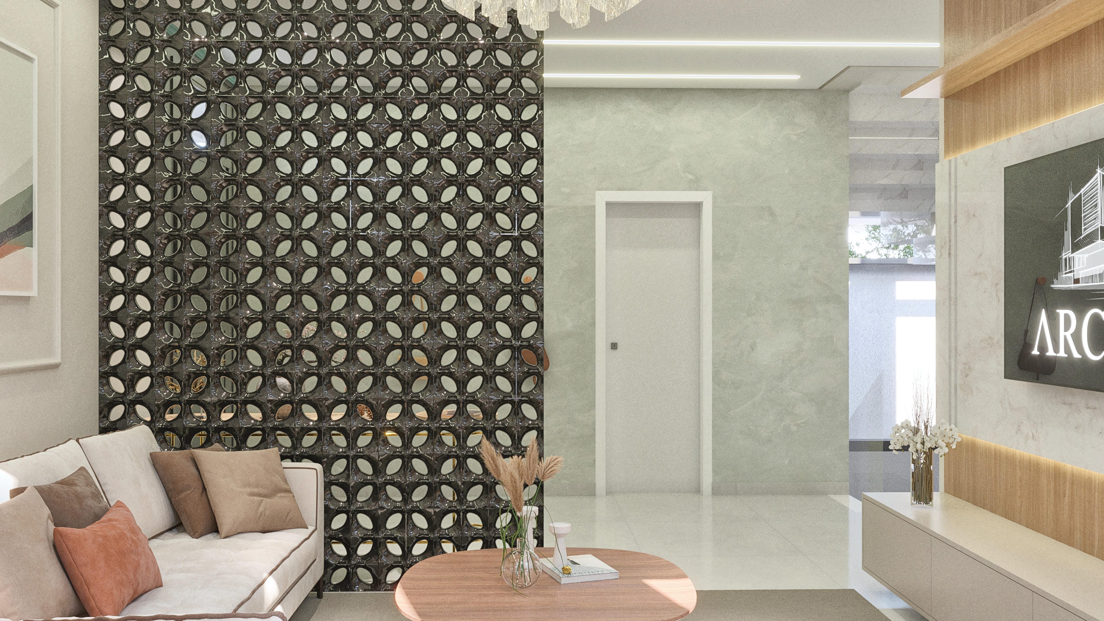Internal view of a luxury 2-story house, highlighting a decorative wall with dark hollow tiles and mirrored reflections, a modern sofa, and recessed lighting elements in the ceiling and wooden panels.