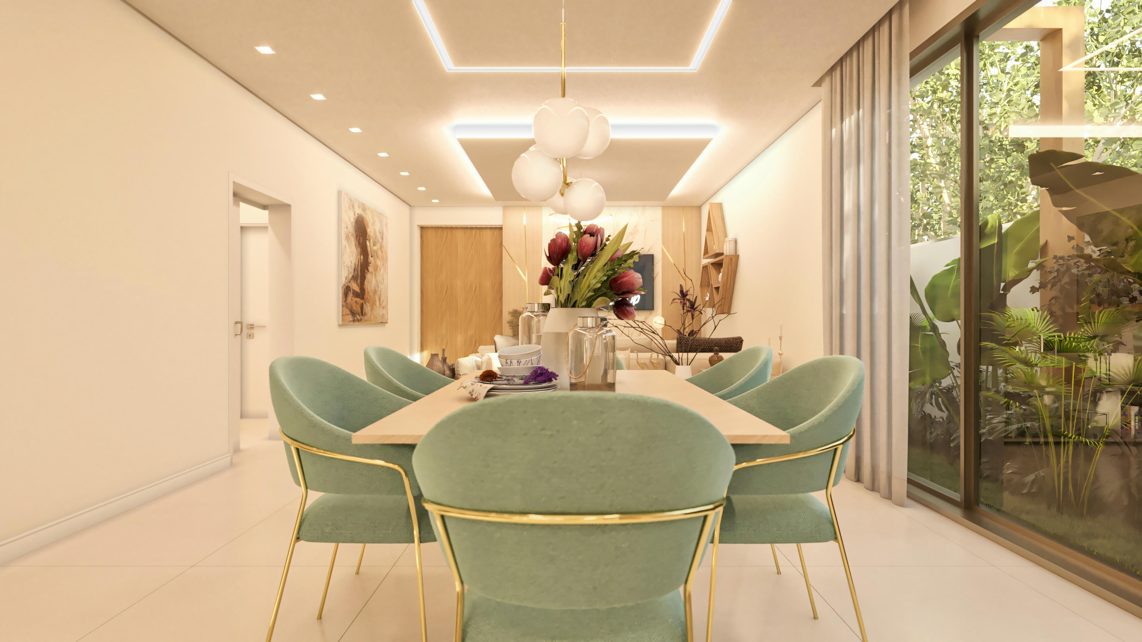 diseño de mesa de comedor con lámpara colgante.