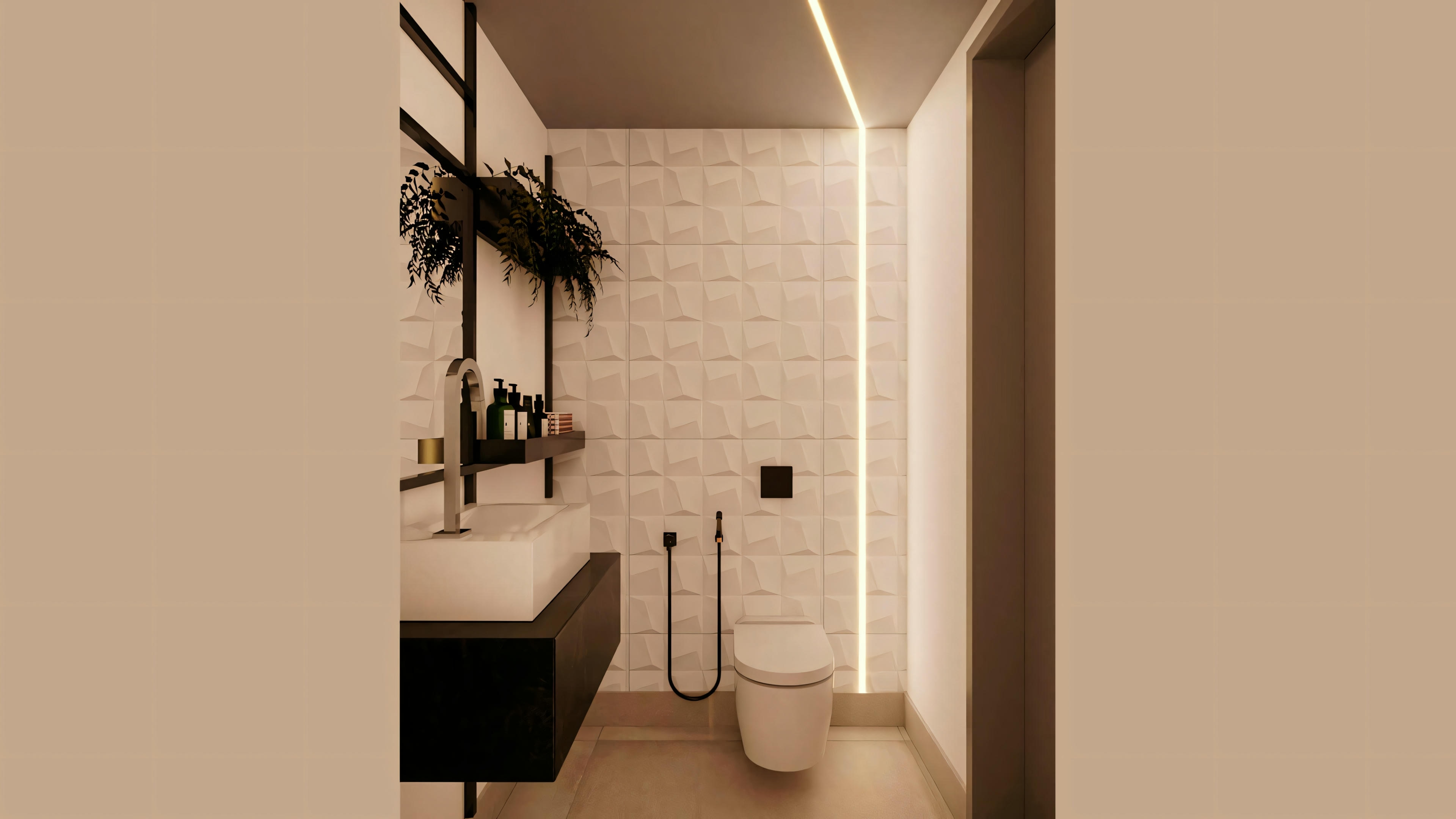 A modern bathroom with a visible toilet, sink, and shower area.