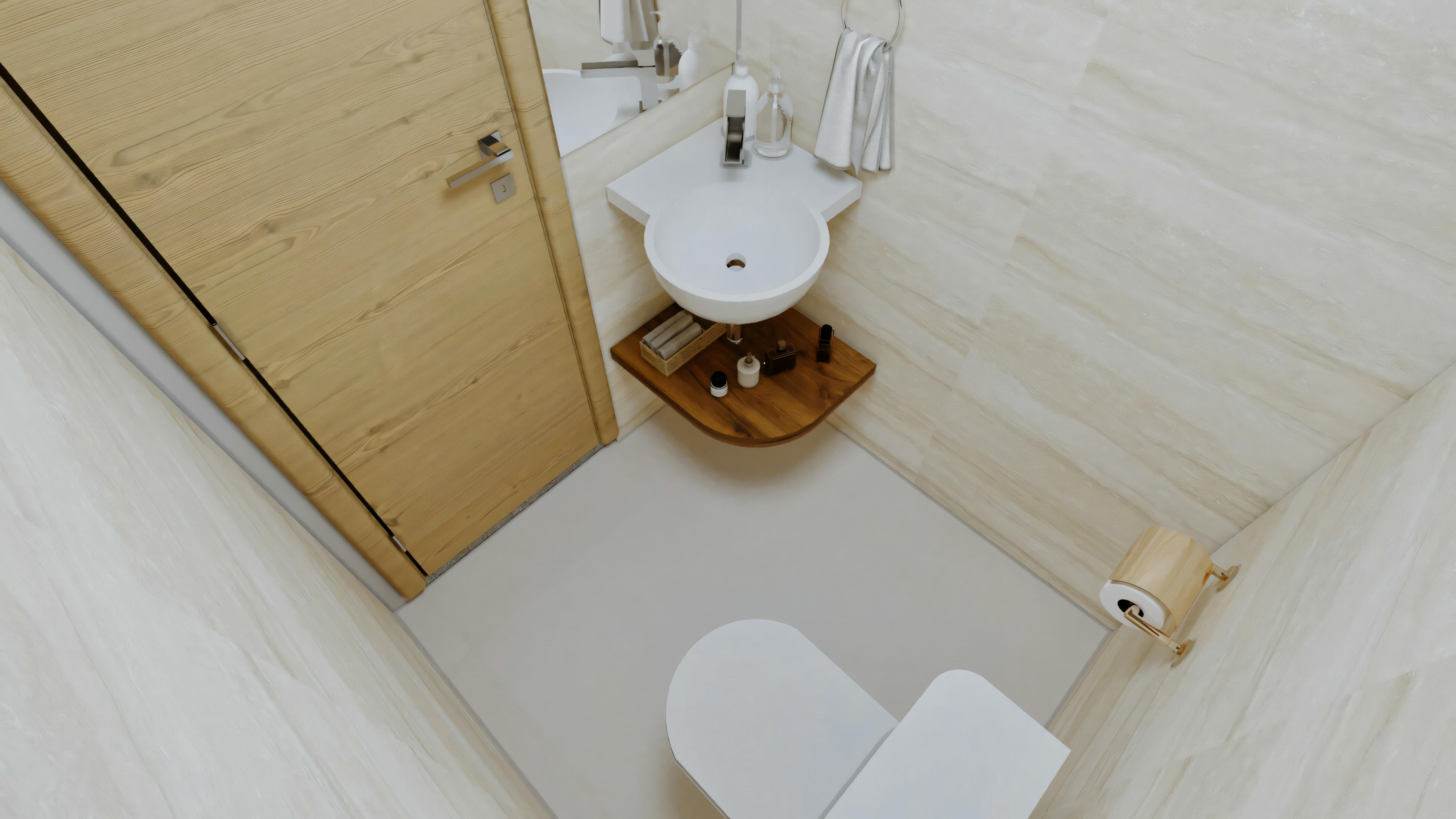 A bathroom with wooden elements and white walls, featuring a toilet, sink, and mirror.