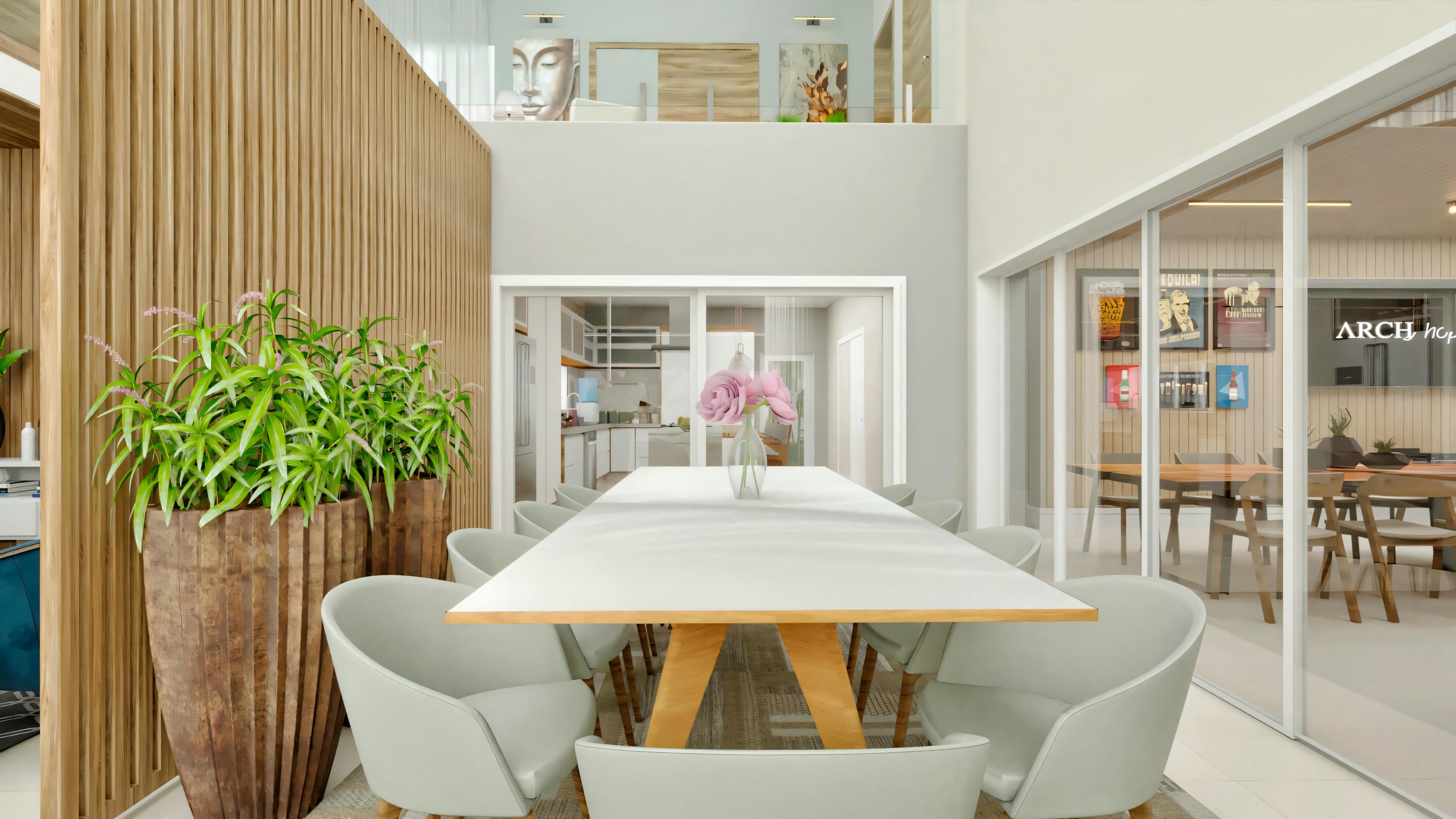 View of the modern dining room in a neoclassical house, looking towards the kitchen and an office separated by glass doors.