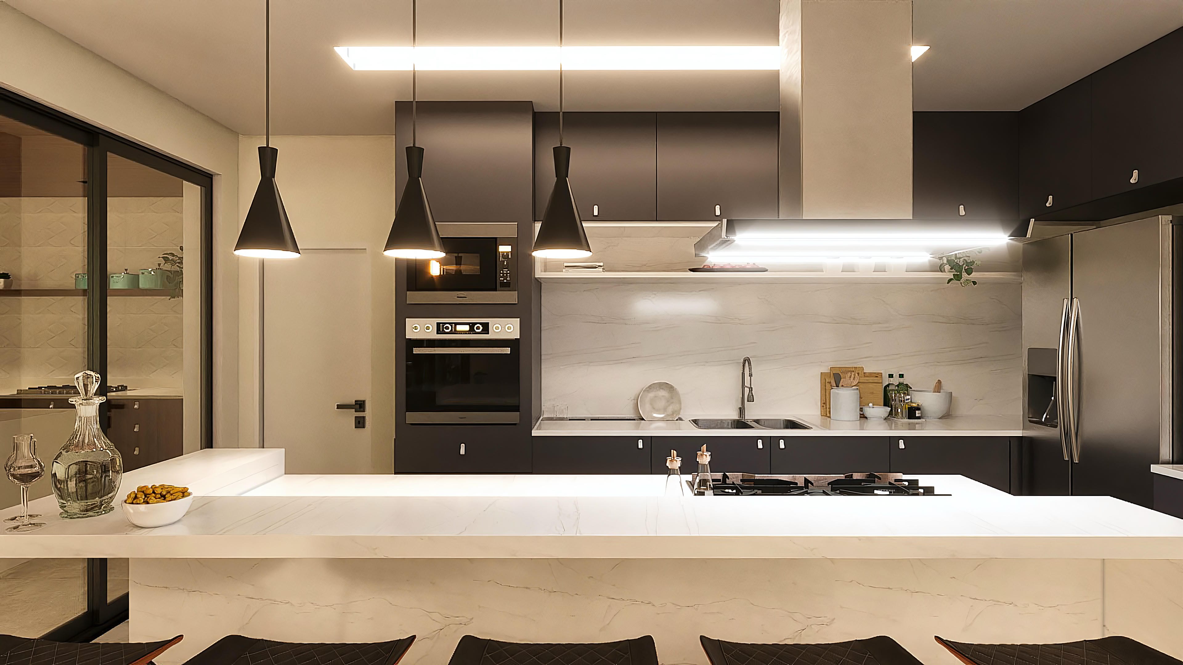 Modern kitchen with marble countertop, dark cabinets, built-in appliances, and sophisticated lighting.
