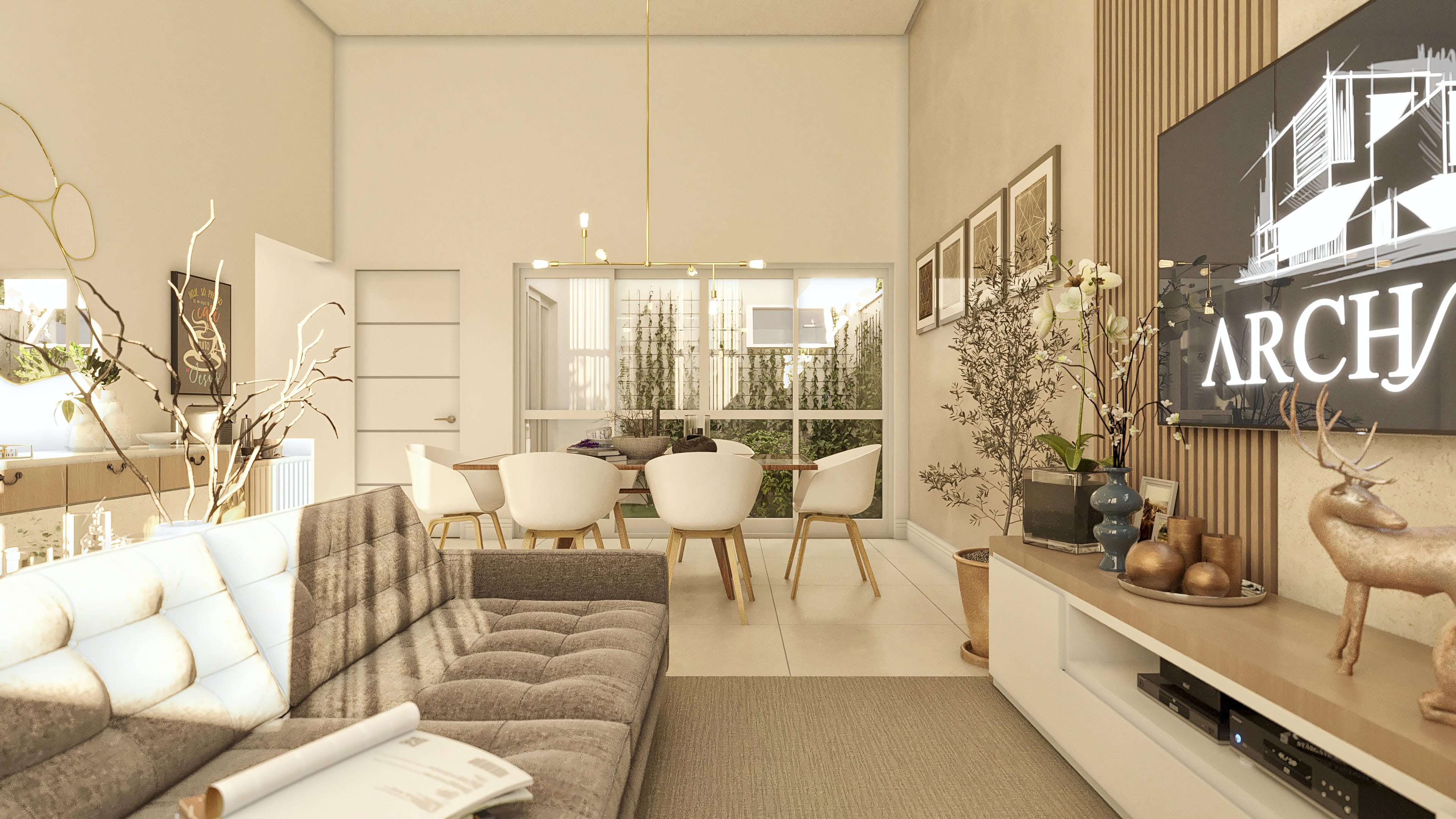 Interior of a modern living room with elegant furniture and a view of the outdoor area.