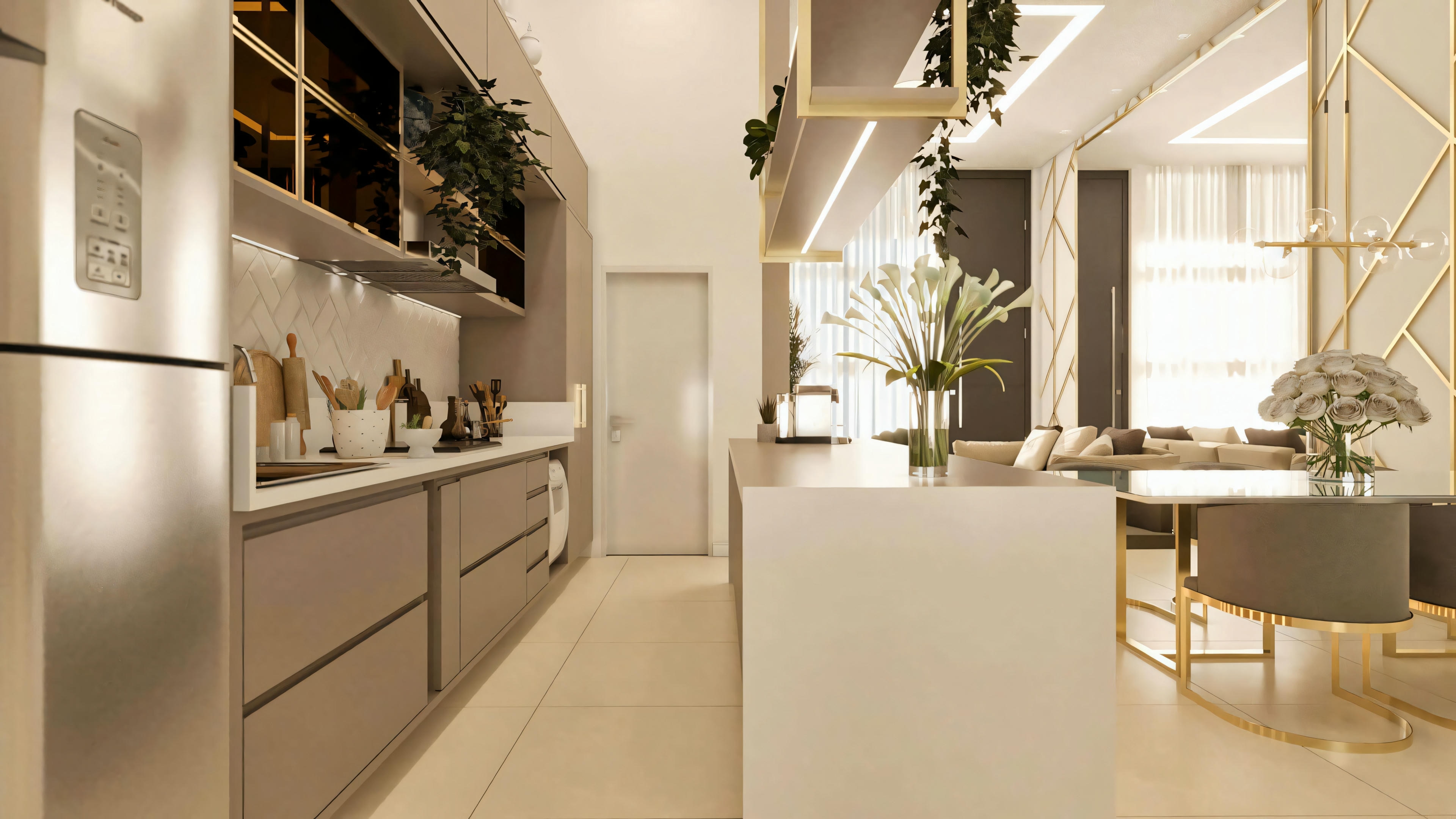 Perspective of the modern kitchen/gourmet area looking towards the integrated dining and living room in a single-story house with 3 bedrooms, highlighting the fluidity between spaces.