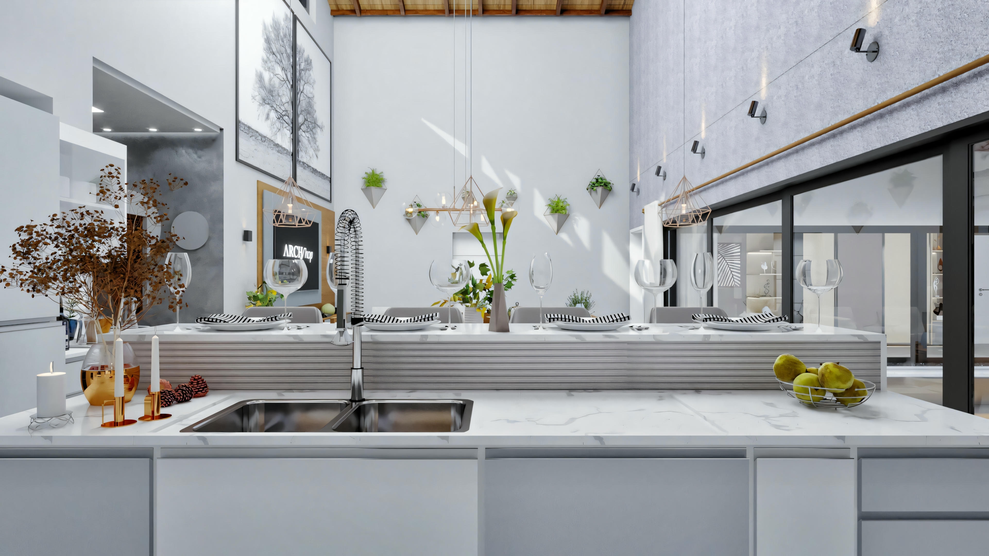 Sink area of a modern kitchen with a large window above, several potted plants on the windowsill, and yellow decorative items.