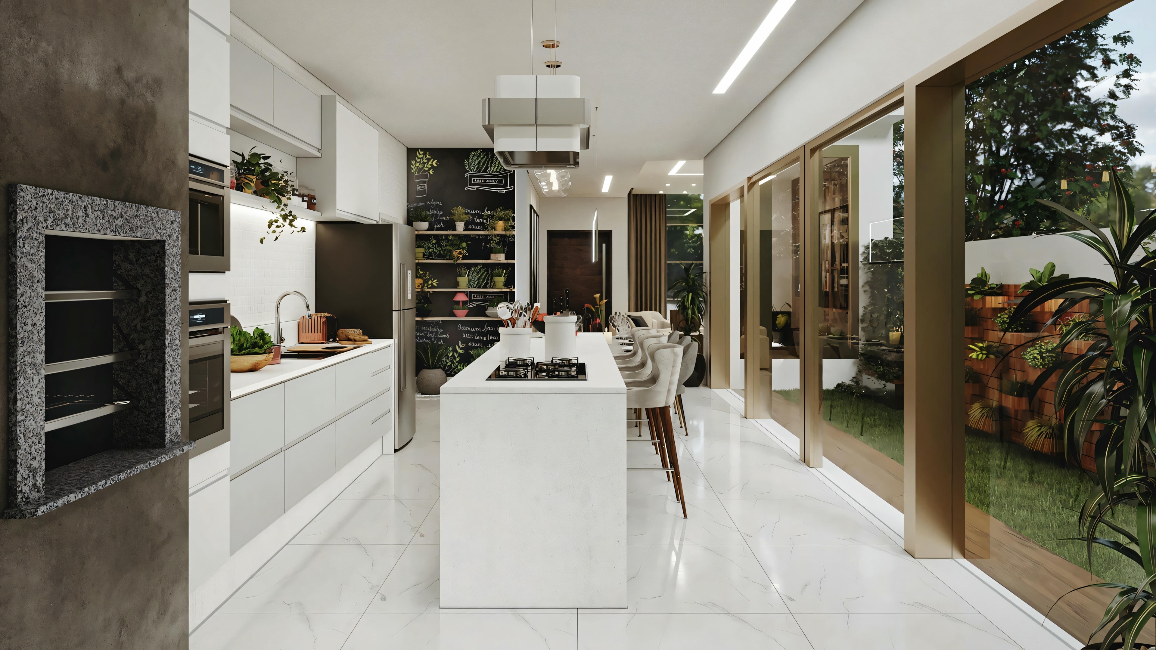 A modern kitchen with white cabinets, a central island with stools, and large windows offering a view of the outdoor greenery.