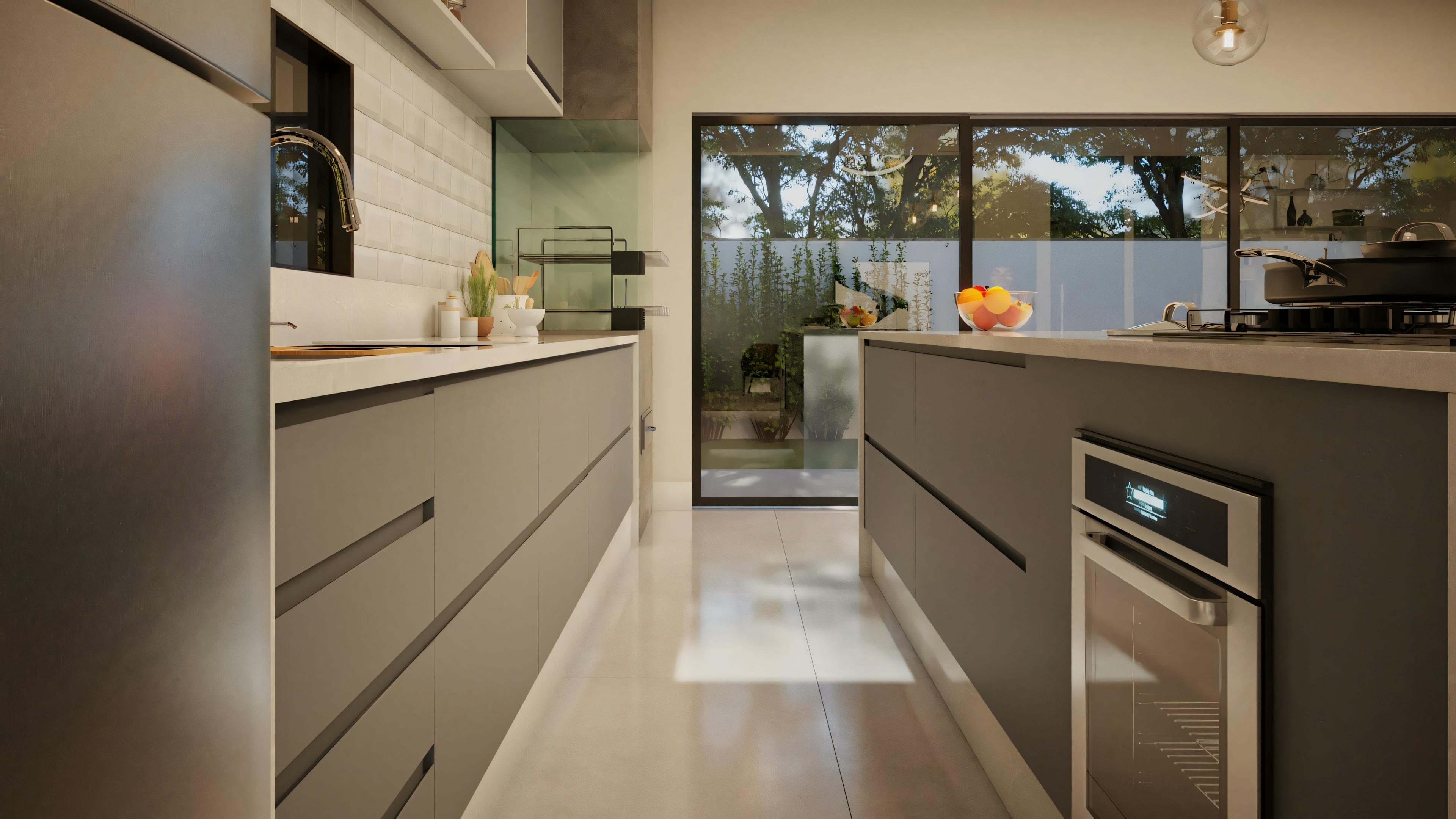 A modern kitchen with sleek cabinets and built-in appliances.