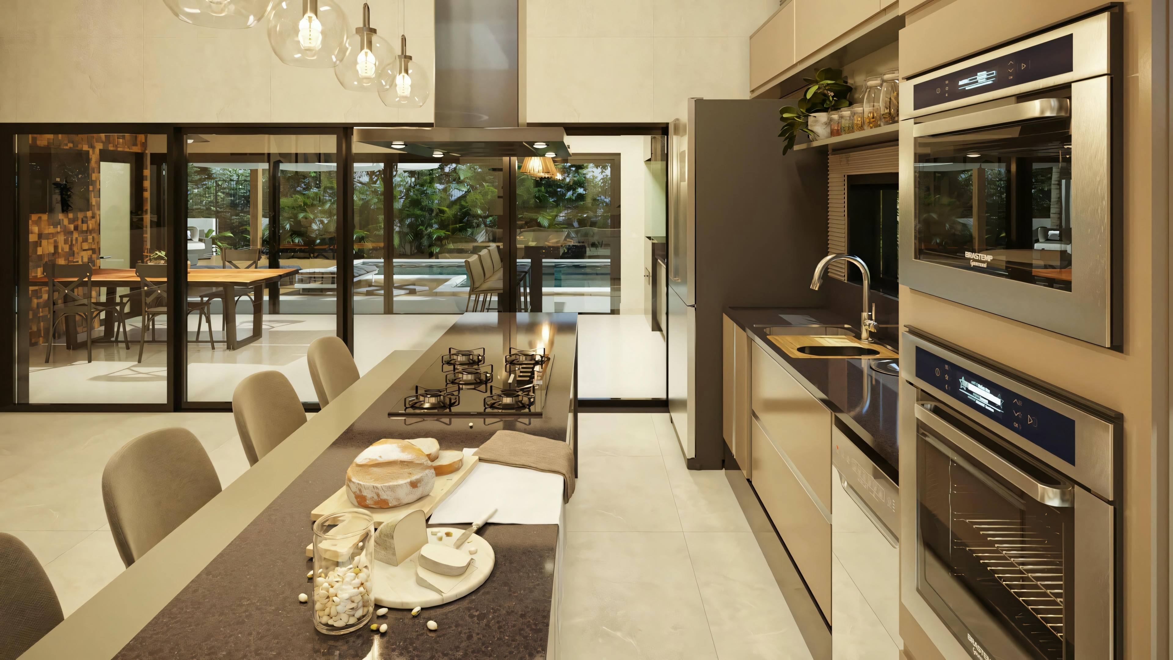 Modern kitchen with stainless steel appliances, light wood cabinets, and an island with seating.