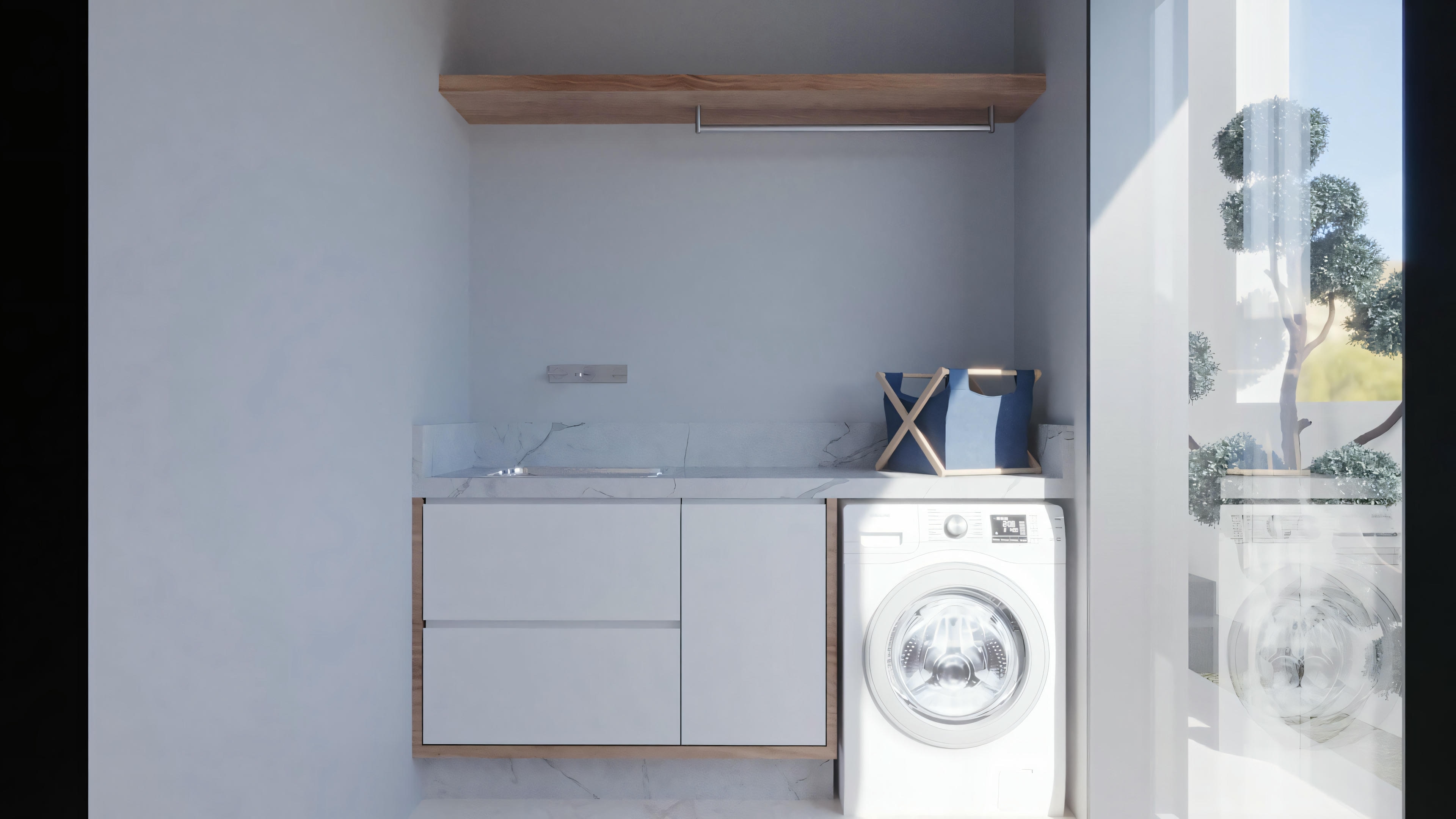 Laundry area with a washing machine.