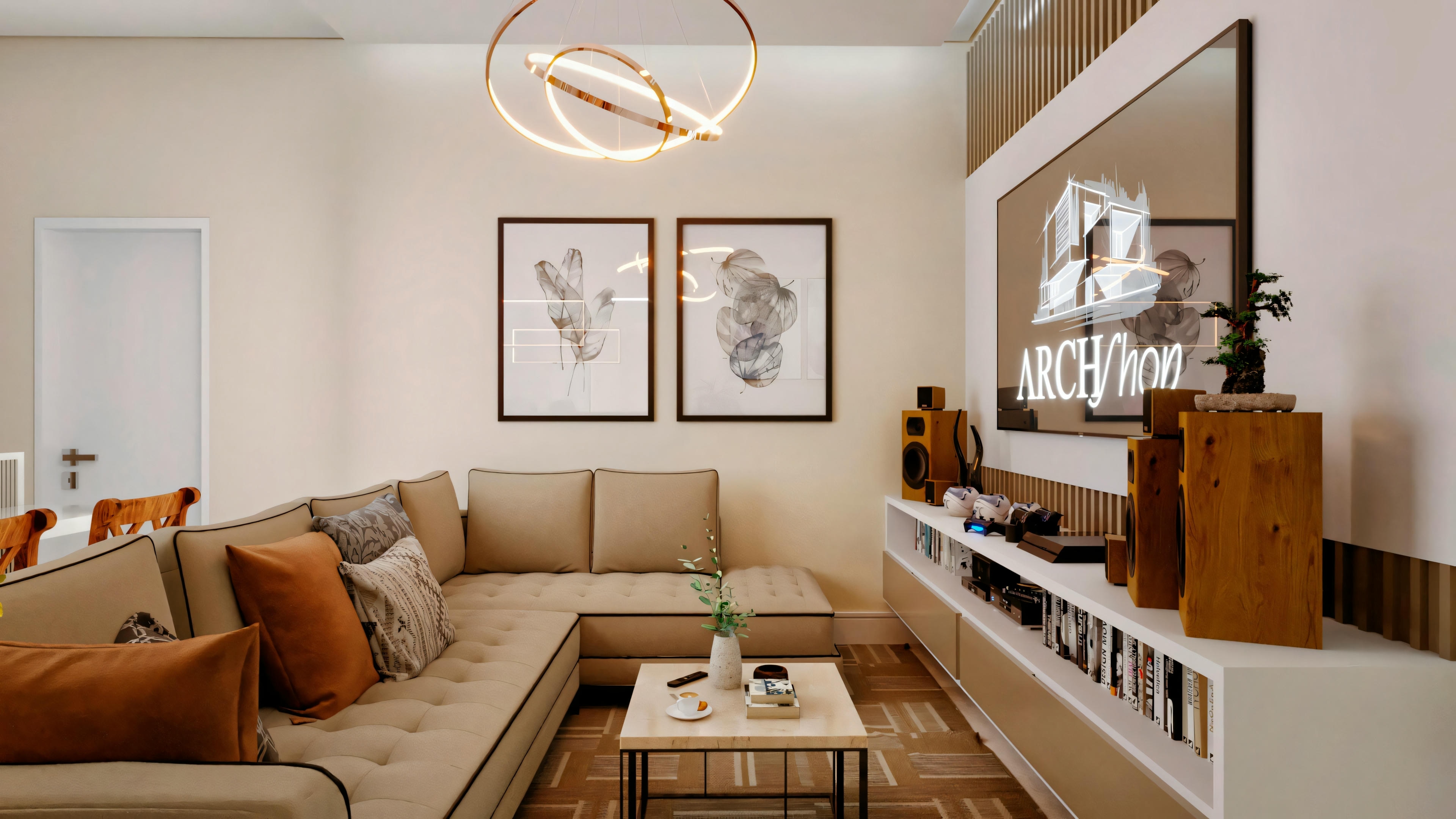 Another perspective of the same living room, focusing on the seating area with a sofa, chairs, and artwork on the walls.