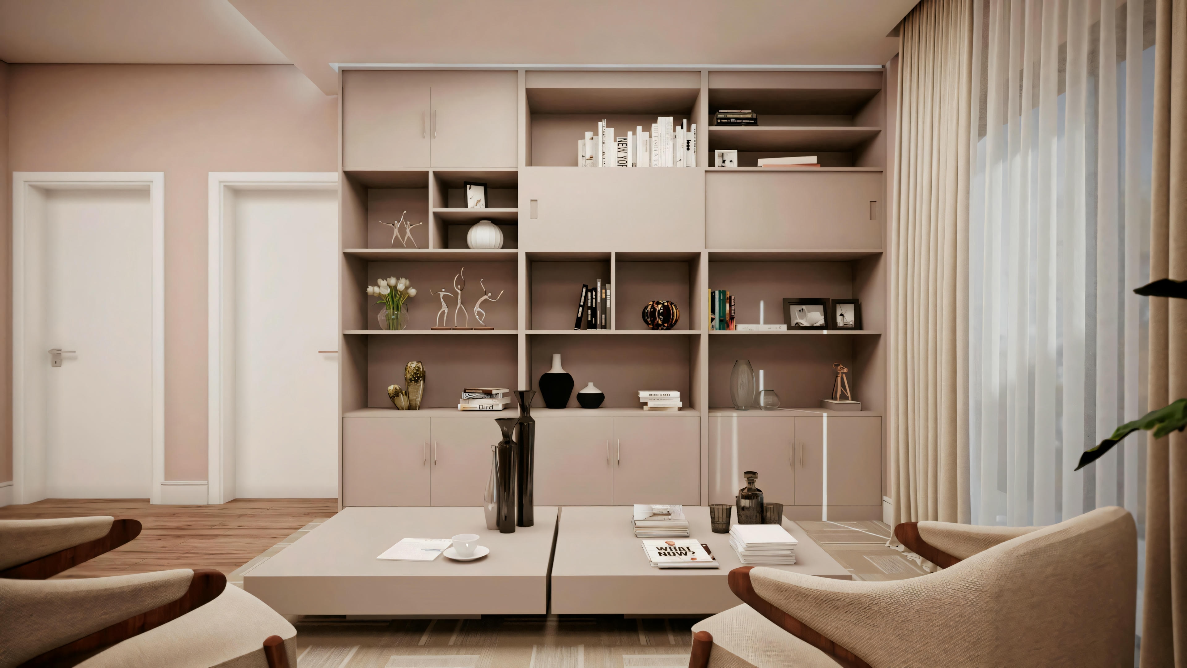 A modern living room with a shelving unit containing various decorative items, a glass partition, and seating arrangements with a central table.