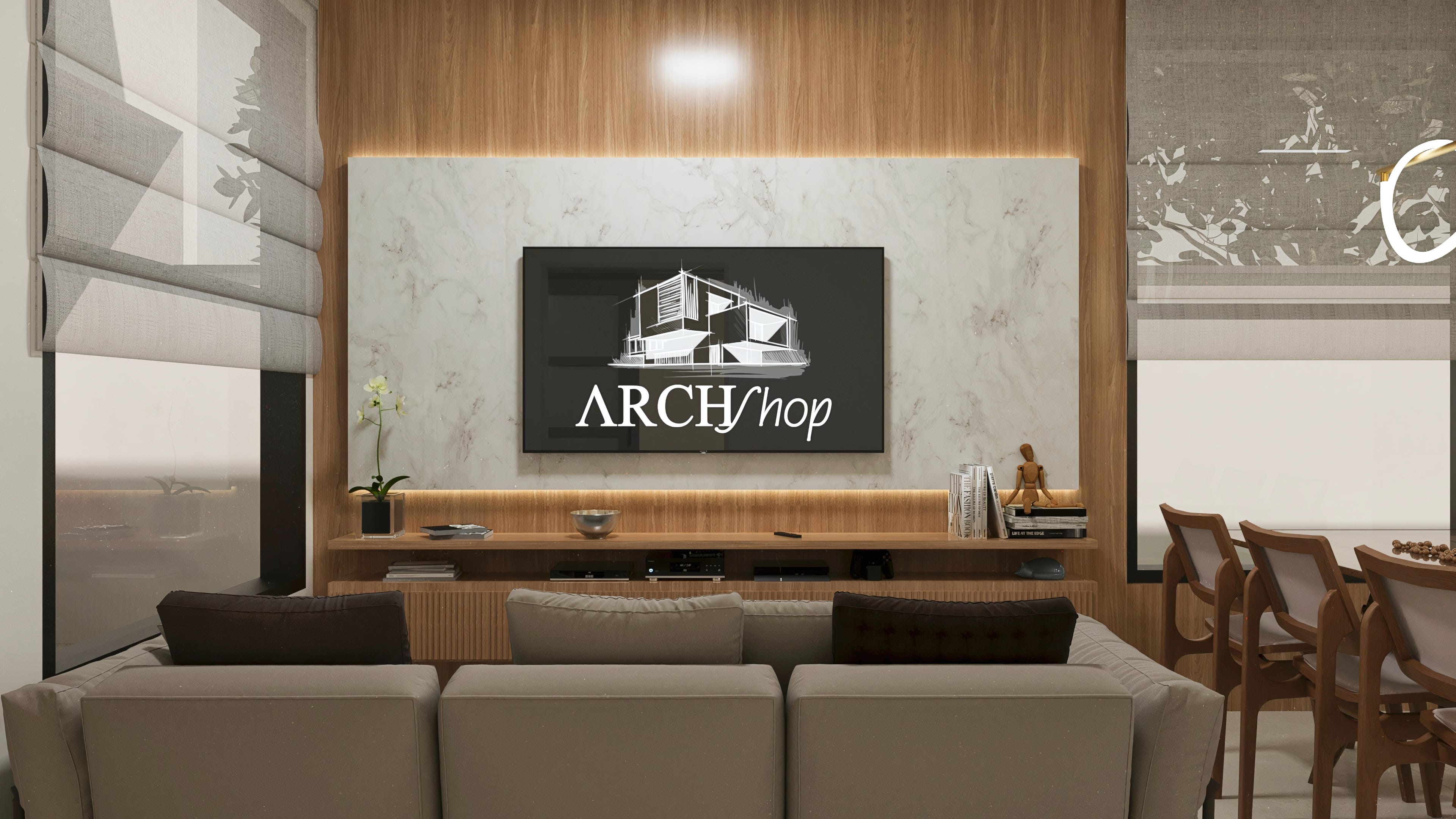 Detail of a living room with a modular sofa in neutral tones, a TV panel with marble cladding and woody details, recessed lighting, and blinds.