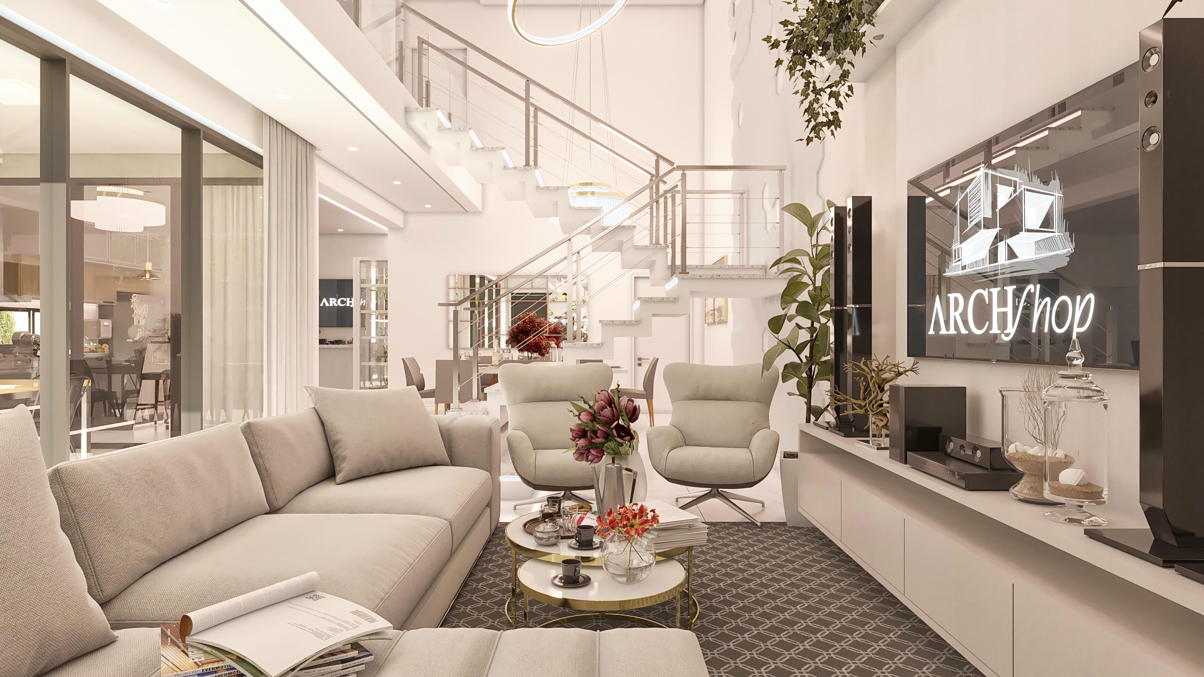 Interior of a modern two-story house with a large living room, suspended staircase with metal and glass railing, light sofa, comfortable armchairs, coffee tables, and decorative elements.
