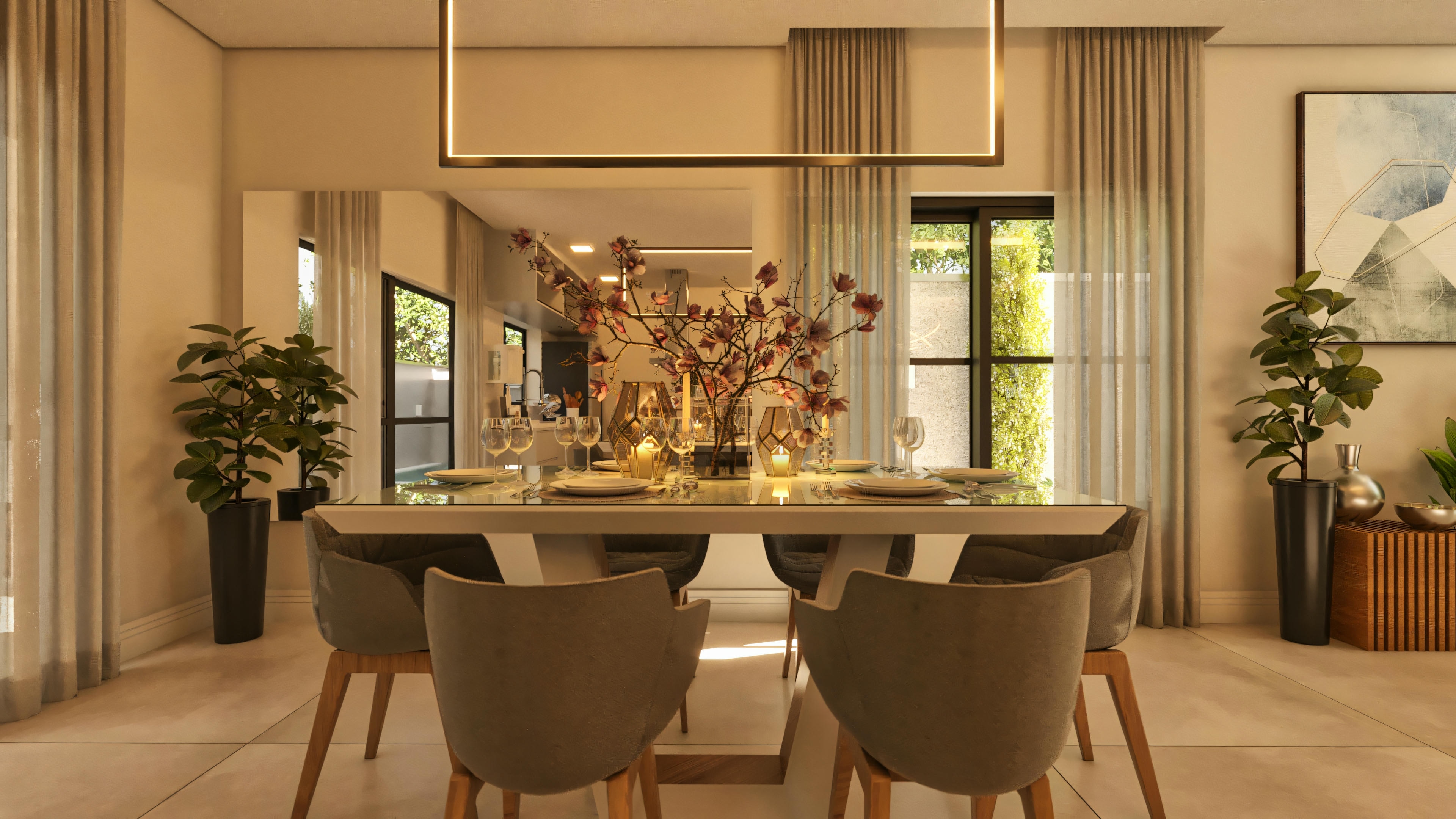 Interior design of the dining room in a modern two-story house, featuring a decorated dining table, comfortable chairs, mirror, plants, and modern pendant lighting. Space integrated into the 210.57sqm plan.