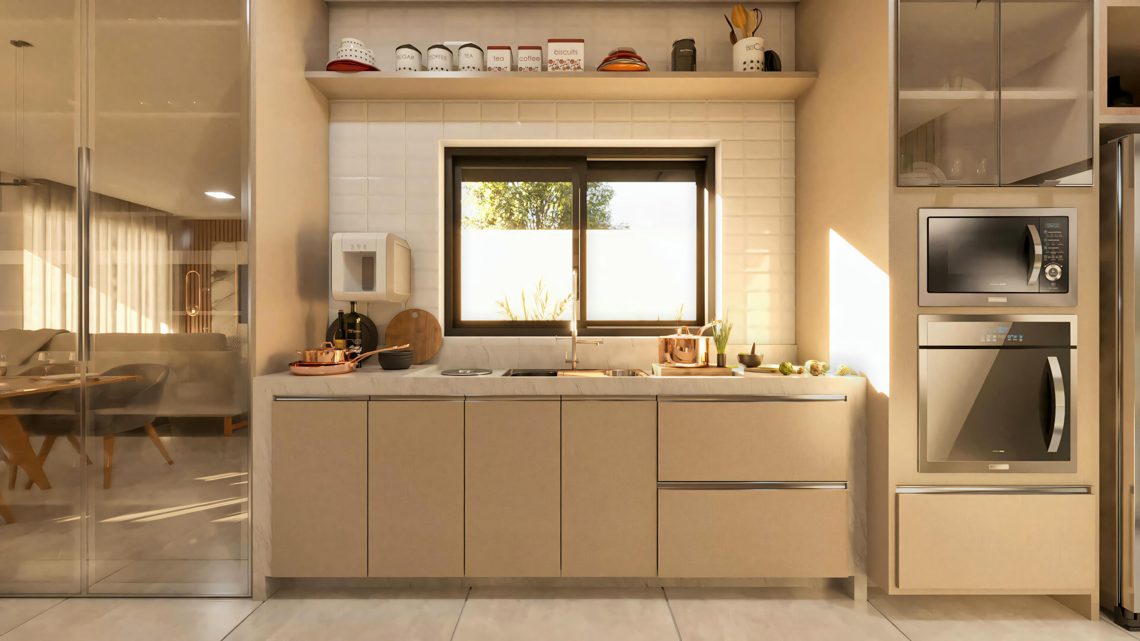 Detail of the planned kitchen in the modern 10x25 two-story house. Light countertop with built-in sink, neutral lower cabinets, appliance tower, and subway tile wall cladding.