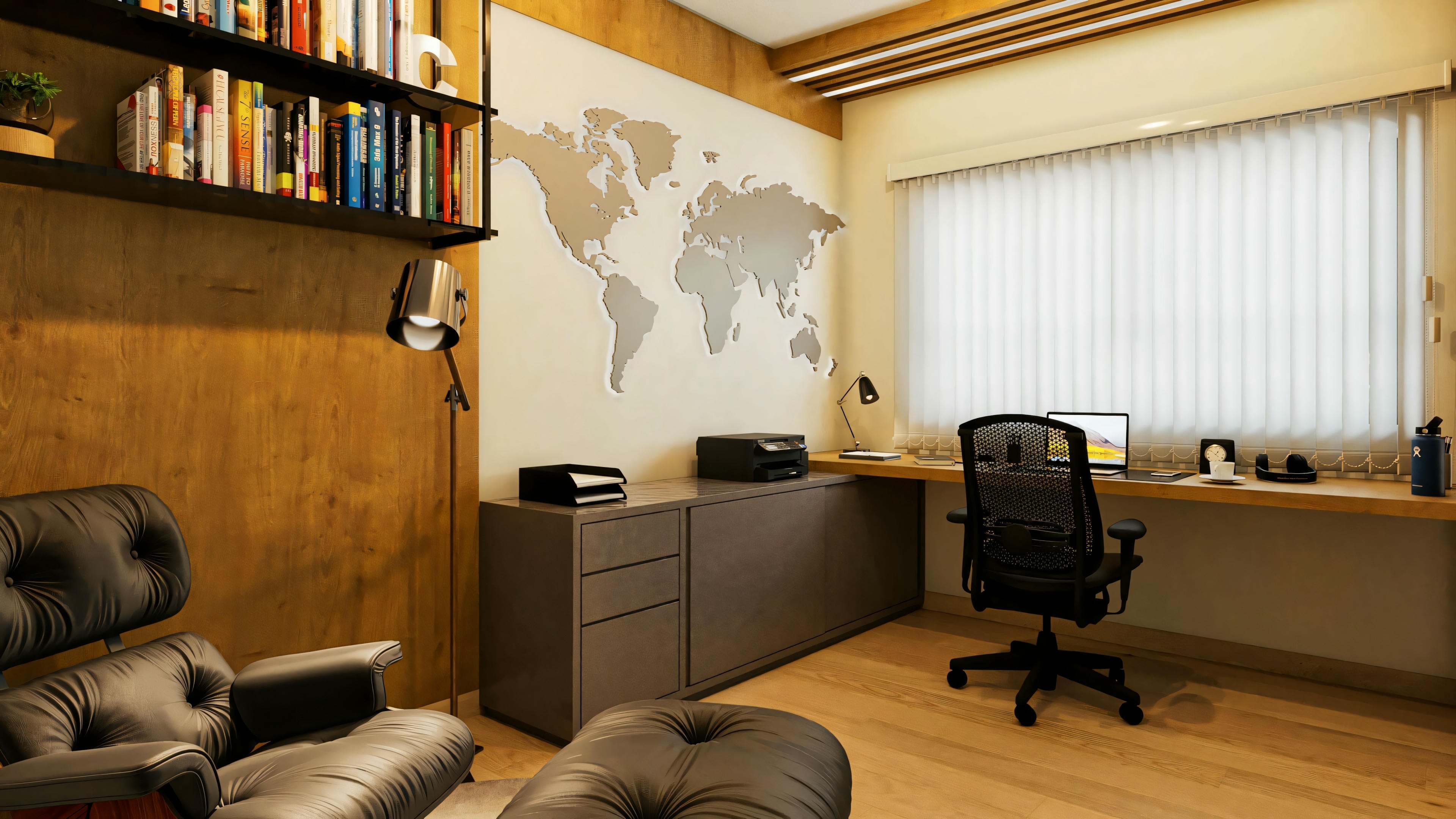 Home office decorado em projeto pronto de casa térrea com 5 suítes (364.7m²). Inclui bancada de trabalho, cadeira ergonômica, mapa mundi na parede, estante e poltrona de leitura (Eames style).