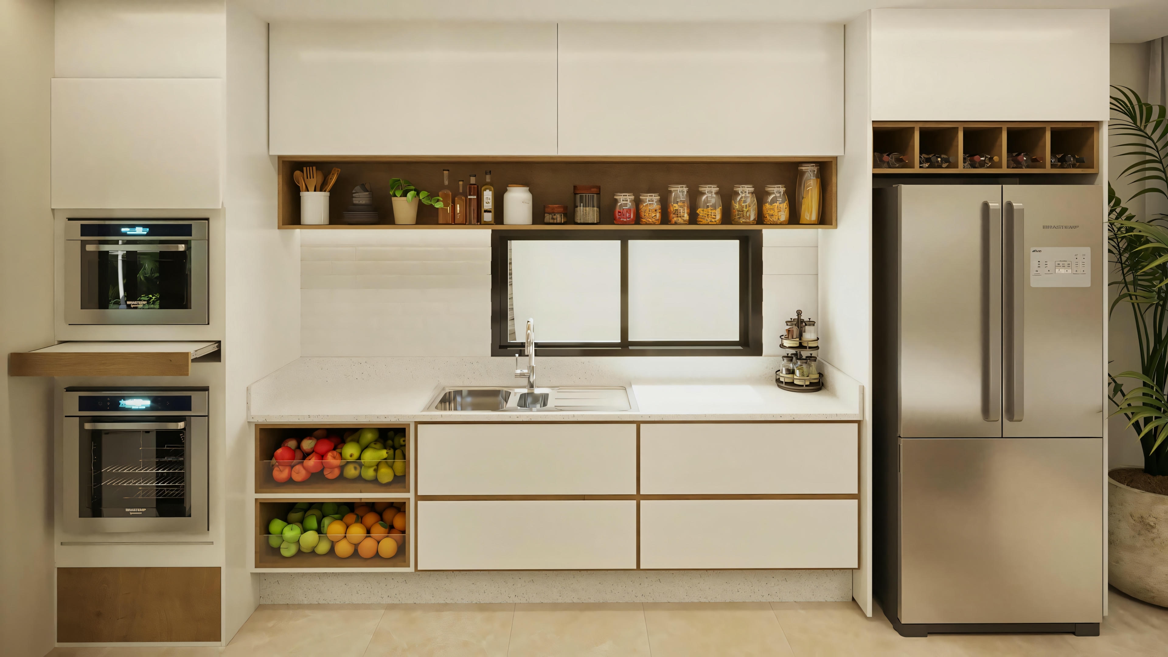 Cocina planeada del proyecto listo de casa de planta baja con 2 suites (170.8m²), mostrando armarios, nichos organizadores para frutas, torre caliente con hornos empotrados, fregadero y ventana. Diseño funcional para la planta de la casa con área gourmet.