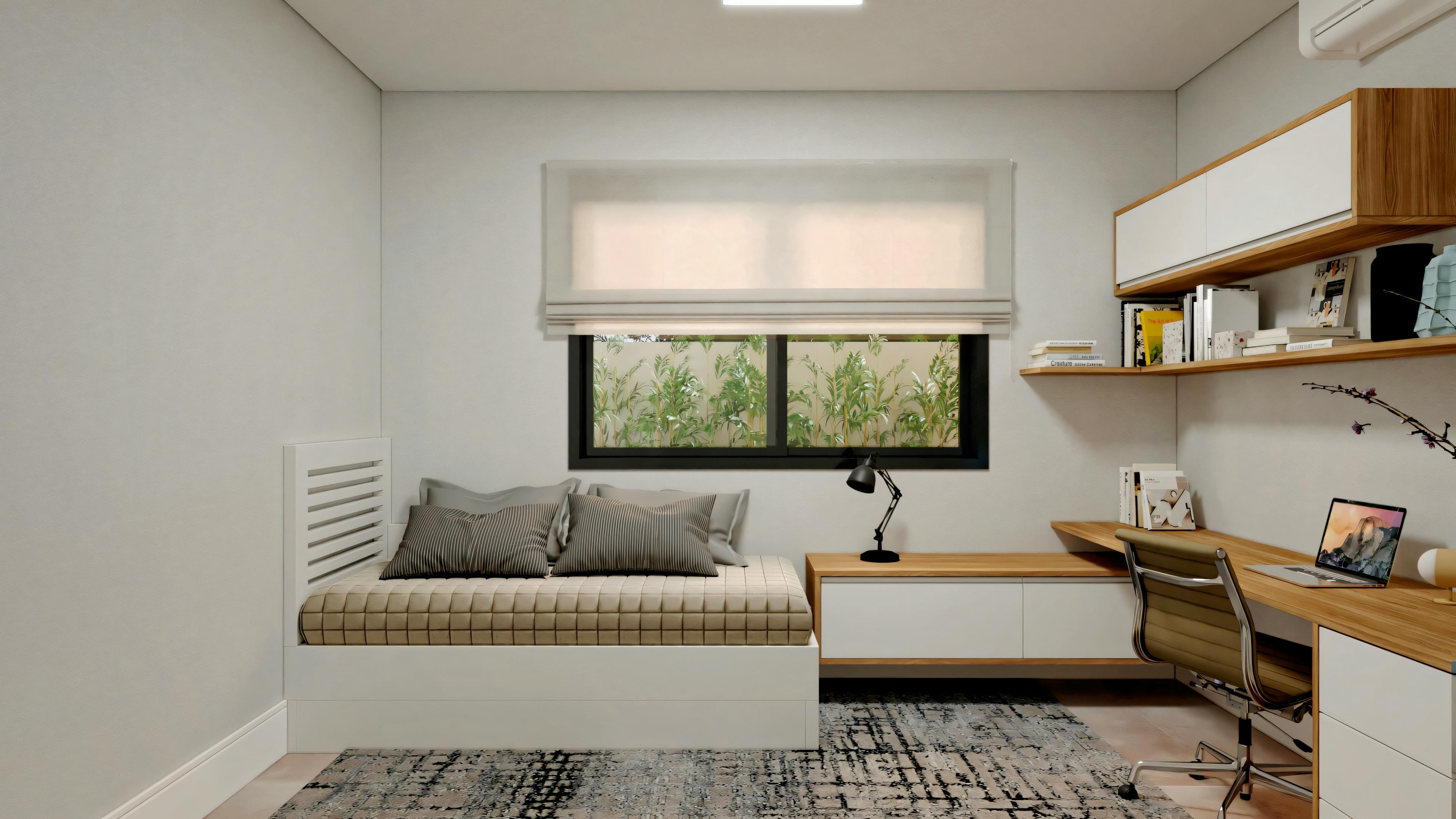 Quarto moderno e minimalista com cama de roupa de cama cinza, janela acima da cama e prateleiras flutuantes na parede direita.