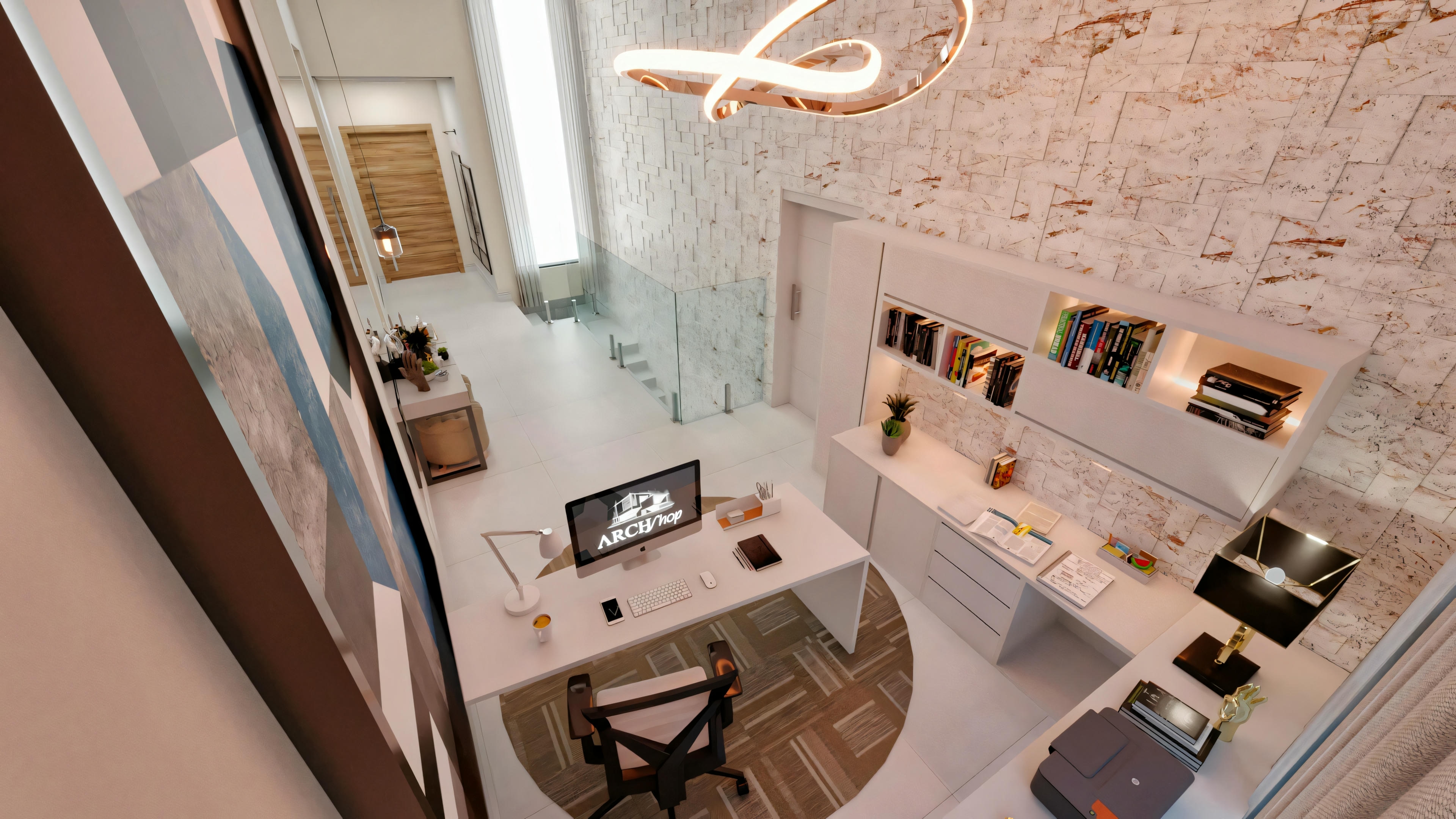 Zona de recepción moderna con dos mesas, ordenadores, estanterías con objetos decorativos y suelo de madera.