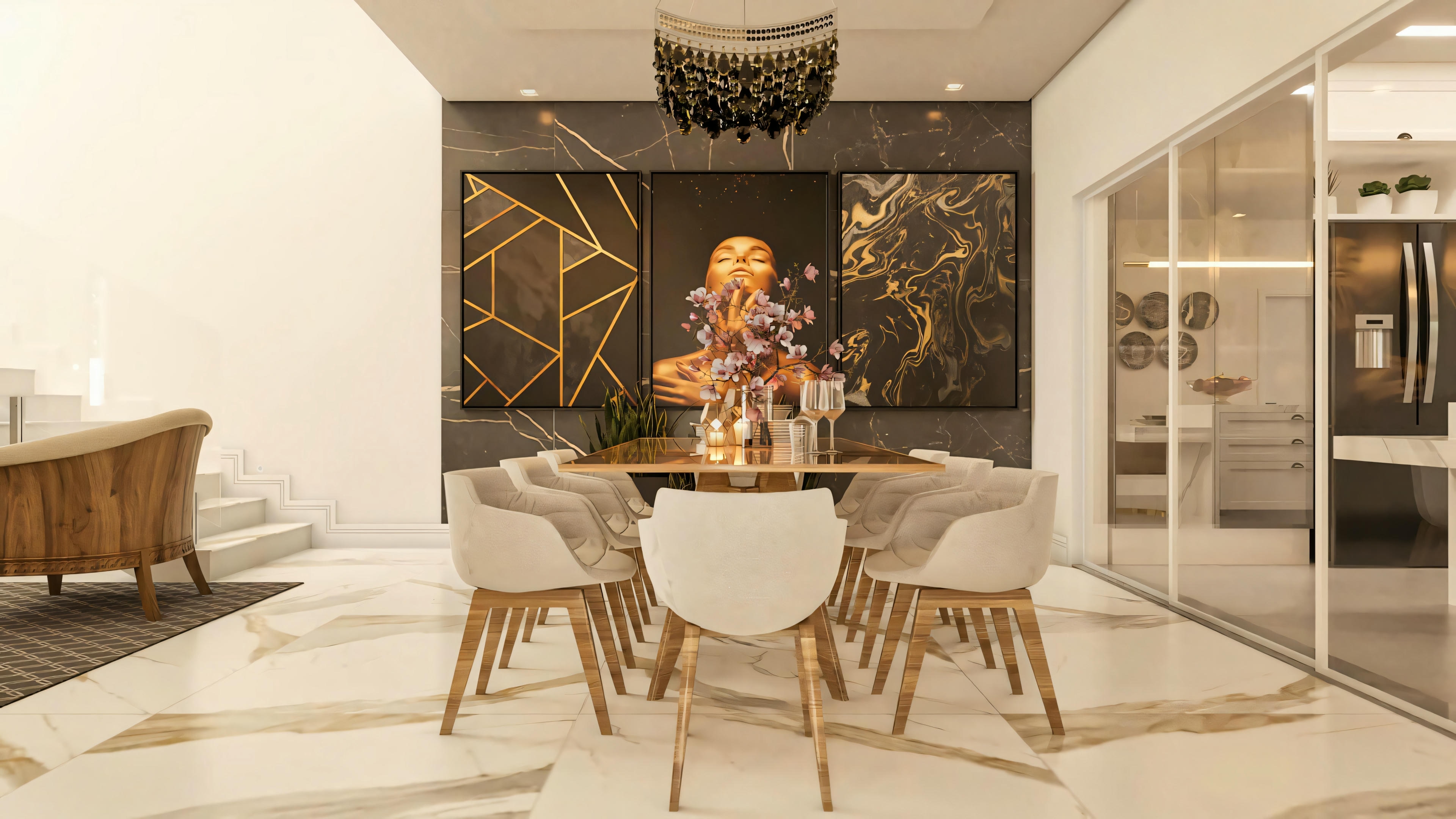 Comedor en casa de dos plantas de 3 suites, con mesa de madera posicionada frente a un panel de mármol oscuro con cuadros, conectada visualmente a la cocina/área gourmet por divisoria de vidrio (derecha) y a la sala/escalera (izquierda).