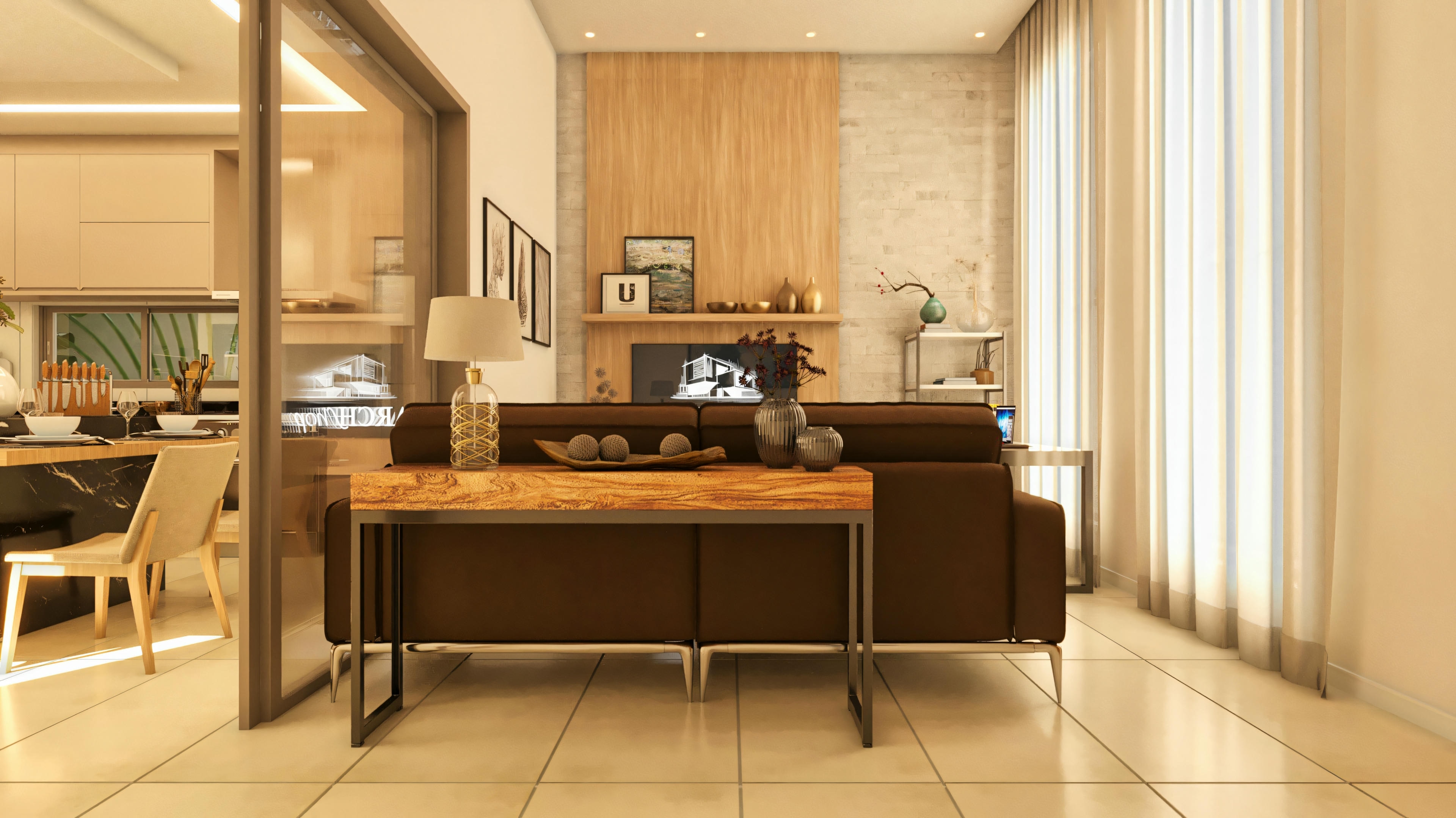 Sala de estar moderna con sofá gris, mesa de centro marrón y decoración minimalista.