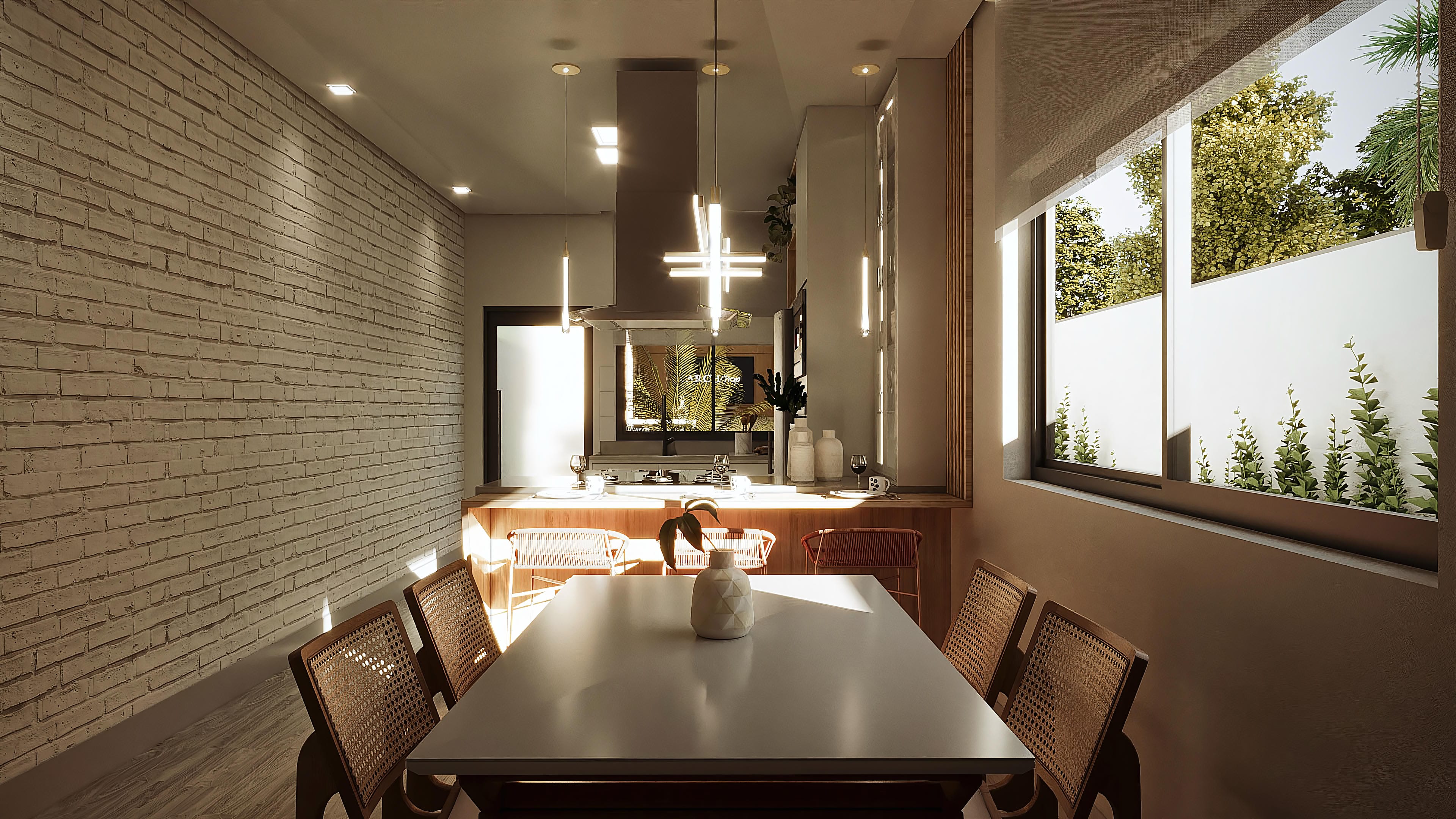 Vista interna de sala de jantar e cozinha integradas, com parede em tijolos brancos aparentes e bancada em madeira clara. Detalhes modernos de iluminação e grandes janelas.