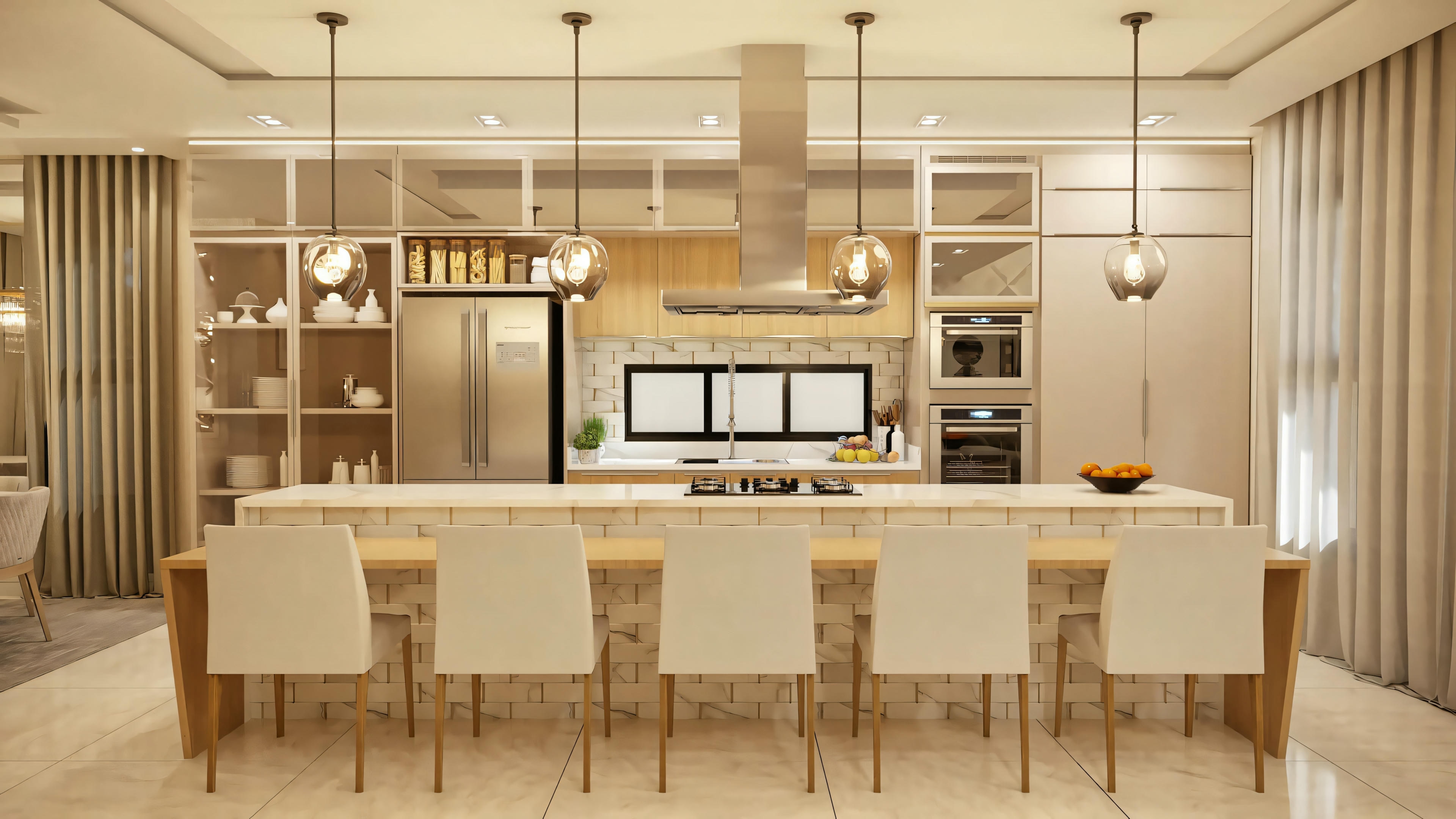 Uma área de jantar com uma mesa grande e várias cadeiras, complementada por luminárias pendentes e quadros na parede.