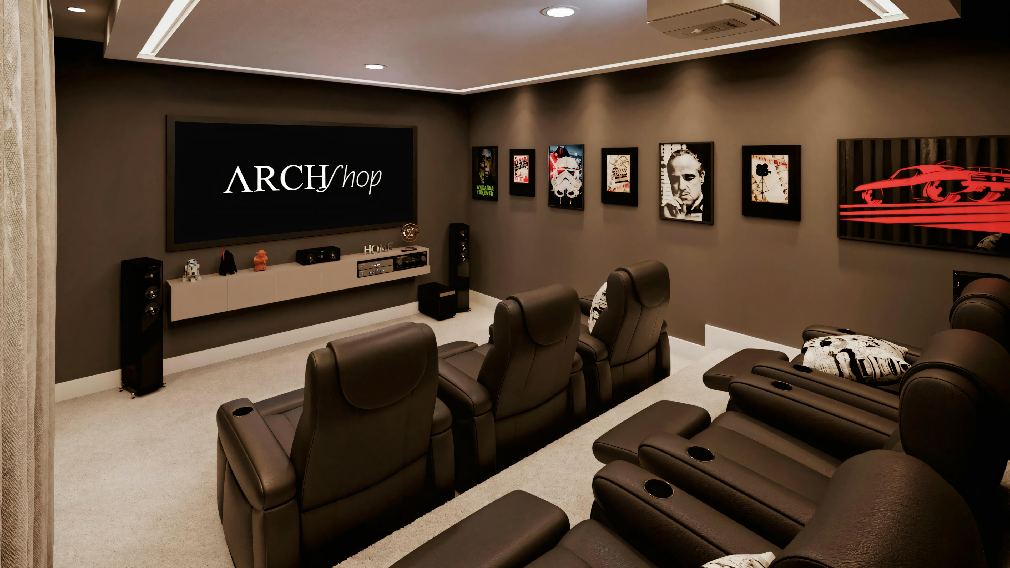 Sala de estar de proyecto de casa moderna con amplios ventanales de vidrio integrando al exterior. Mobiliario contemporáneo con sofá beige, sillones de cuero, panel de TV y vista al comedor al fondo.