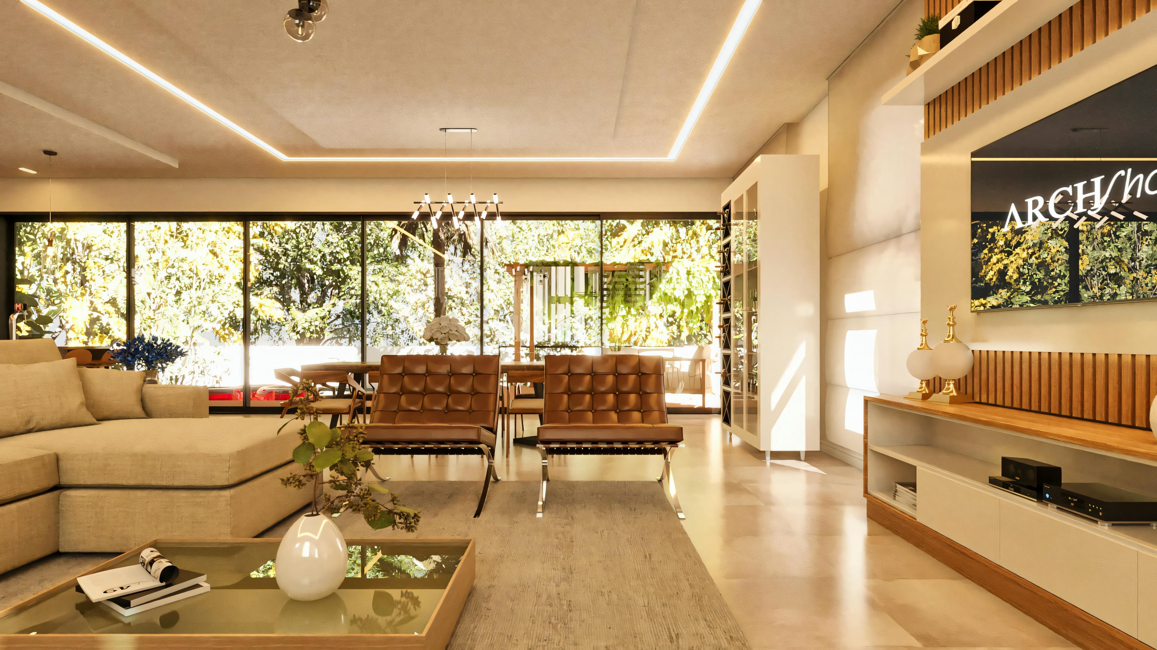Sala de estar de proyecto de casa moderna con amplios ventanales de vidrio integrando al exterior. Mobiliario contemporáneo con sofá beige, sillones de cuero, panel de TV y vista al comedor al fondo.