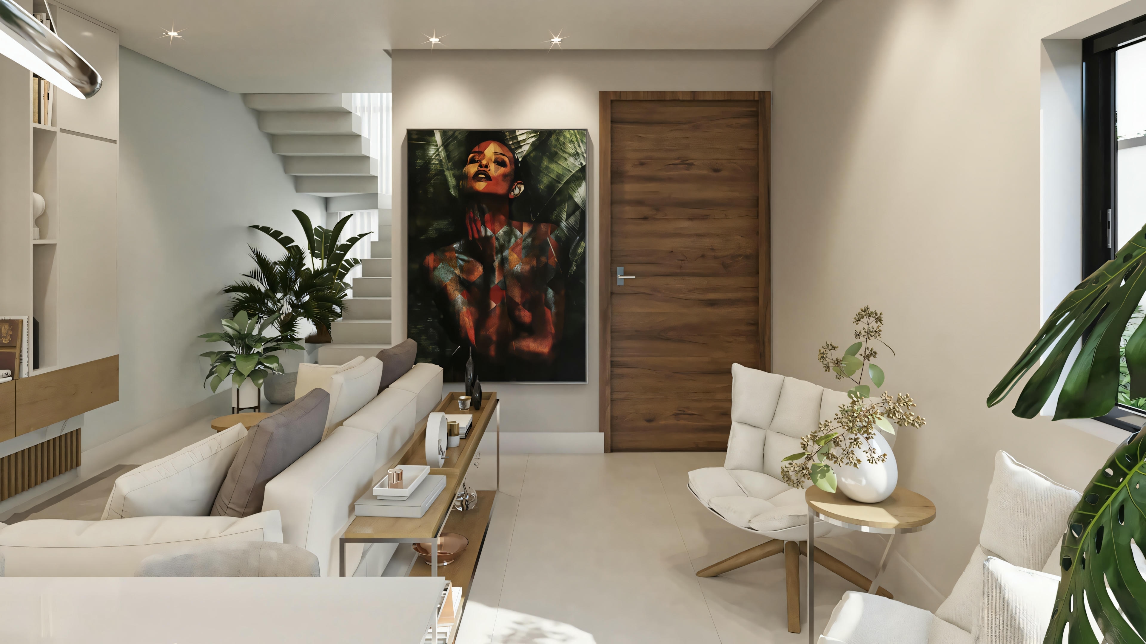 Salón moderno con sofá grande, sillones y mesa de centro pequeña. Hay una obra de arte en la pared con el rostro de una persona. El ambiente tiene tonos neutros con detalles en madera y parece bien iluminado con luz natural que entra por el lado izquierdo.