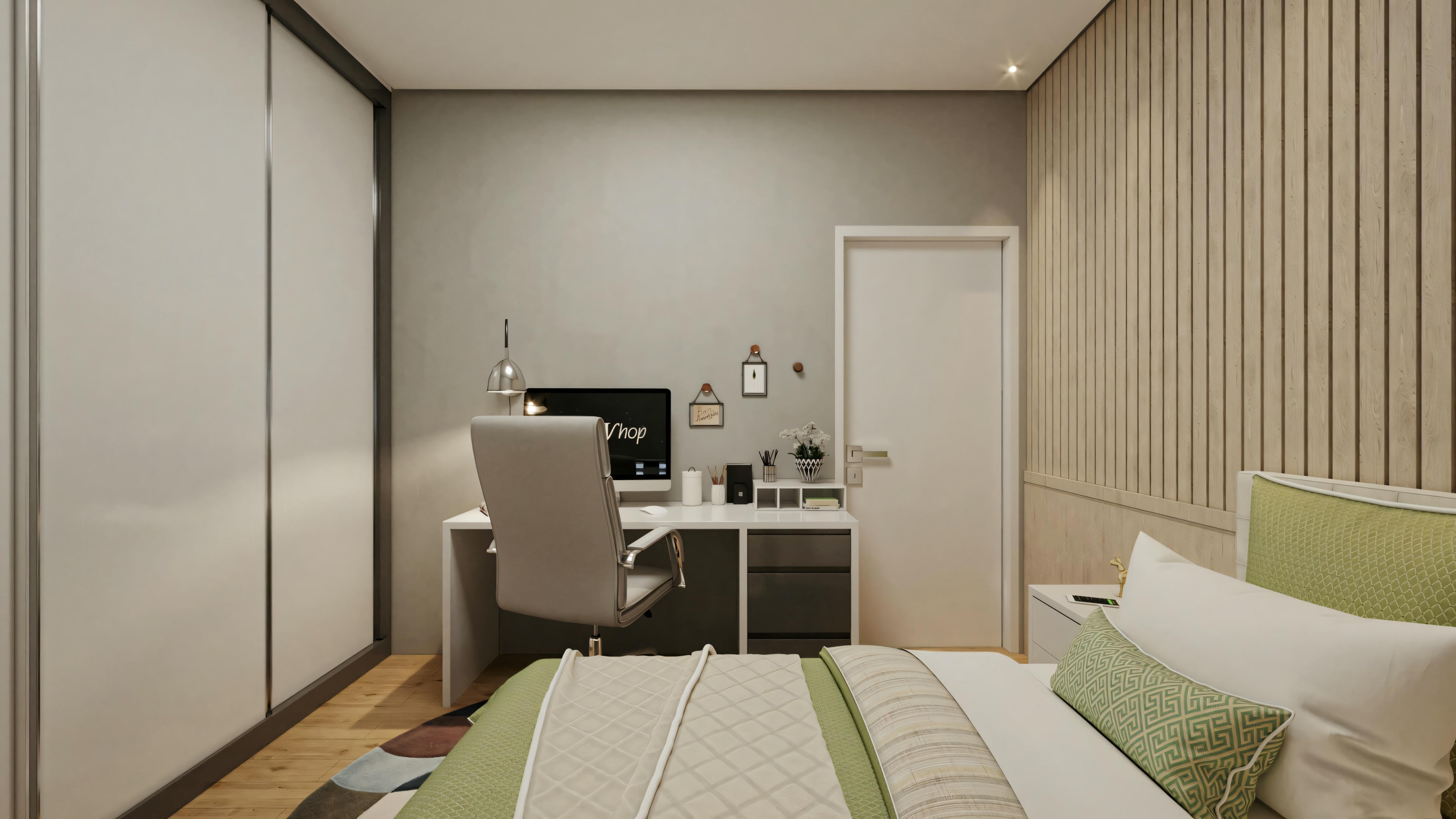View of the small and modern bedroom of the 60m² house, showing a custom-made wardrobe with sliding doors, a study desk, and a single bed in the background.