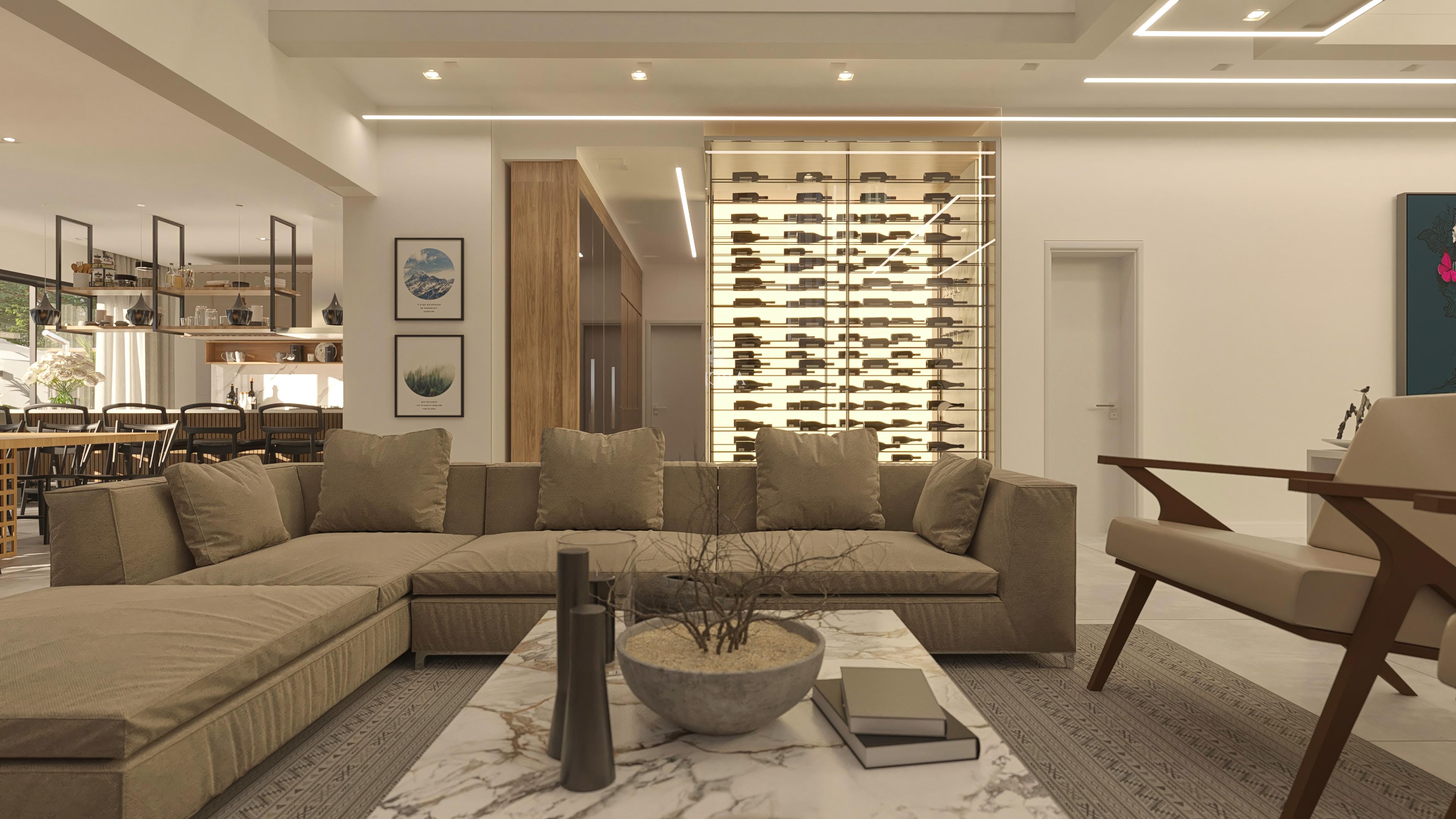 Sala de estar ampla e moderna com sofá modular bege, adega de vinhos iluminada, mesa de centro em mármore e poltrona de design.
