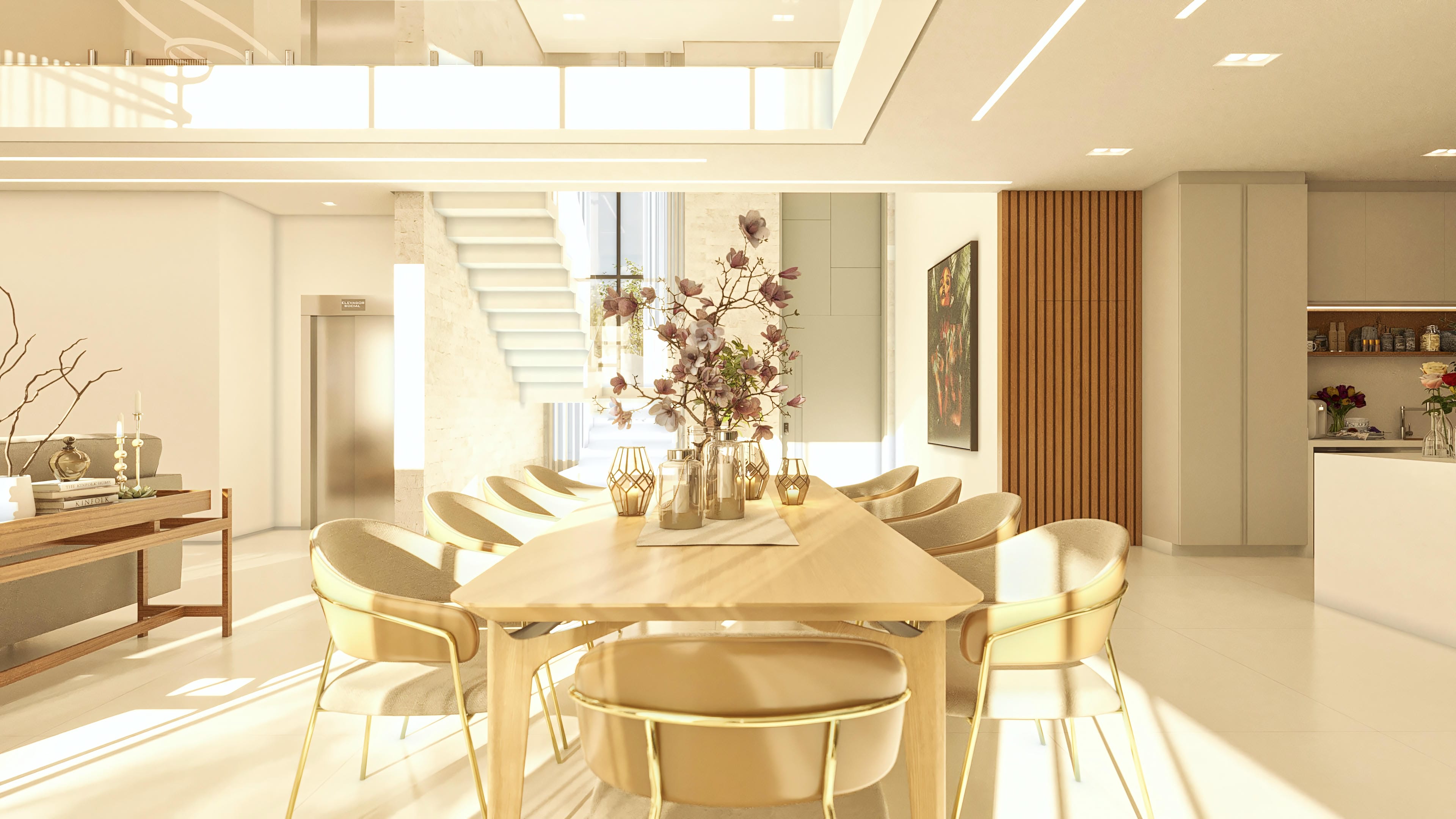 Sala de jantar com mesa triangular em madeira clara, cadeiras estofadas em tom neutro e base metálica dourada, iluminação embutida e escada moderna em mármore ao fundo.