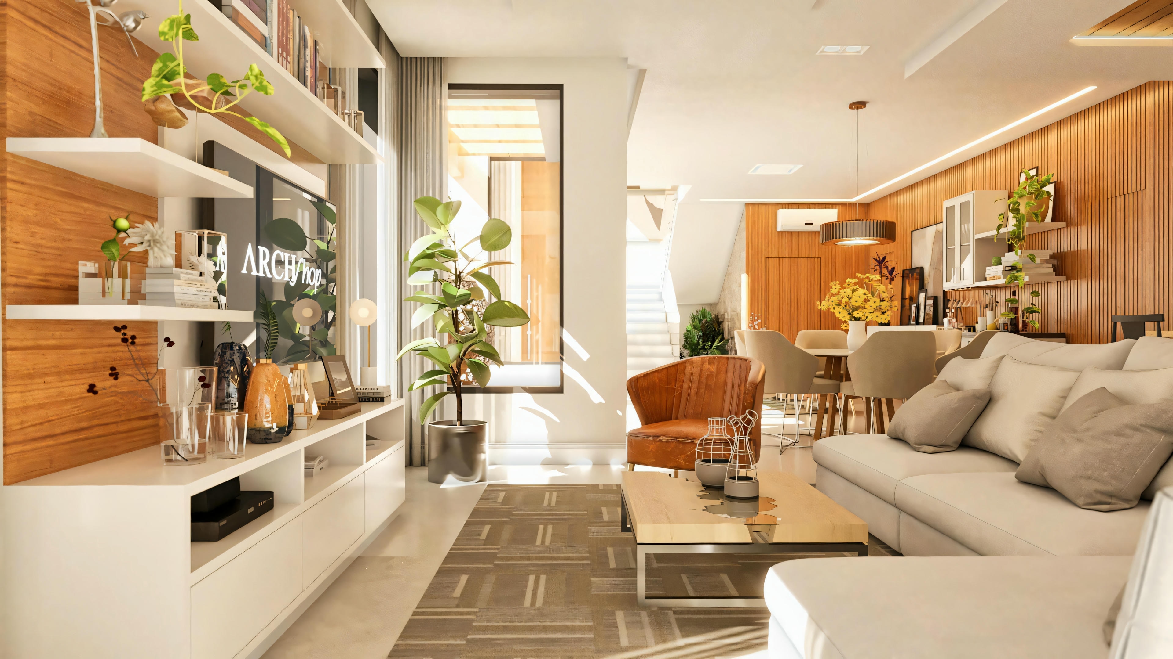 Visão geral dos ambientes integrados de sala de estar e jantar do sobrado moderno de 330m², destacando o painel de TV, sofá, mesa de jantar e a fluidez do espaço.