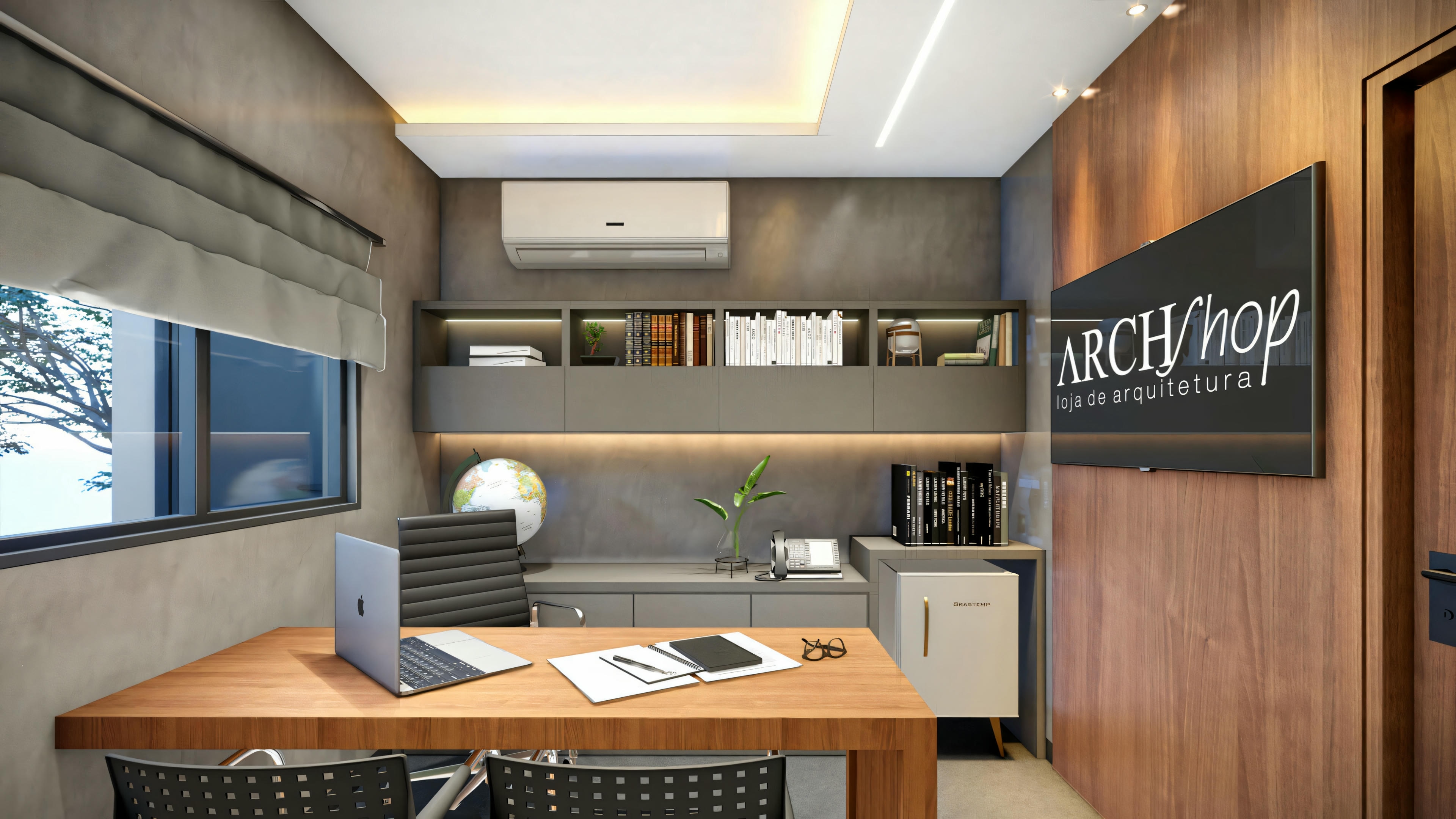 Área de oficina o estudio con escritorio, silla, estanterías llenas de libros y un letrero en la pared que dice “study/sleep”.