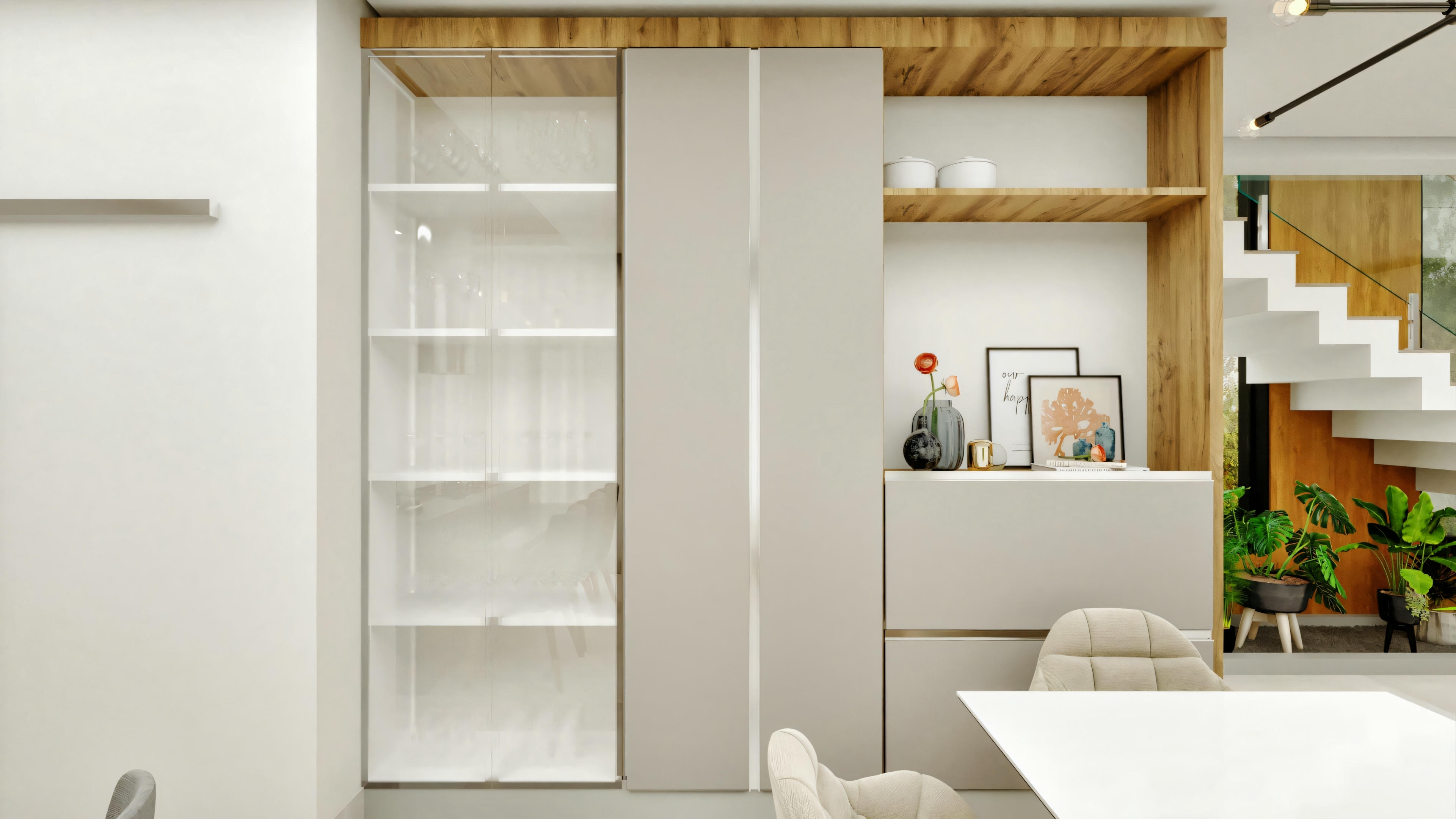 Detalhe do armário planejado em ambiente interno de casa moderna tipo 4, apresentando nichos com acabamento em madeira, portas em tom neutro e seção com vitrine de vidro iluminada, escada ao fundo.