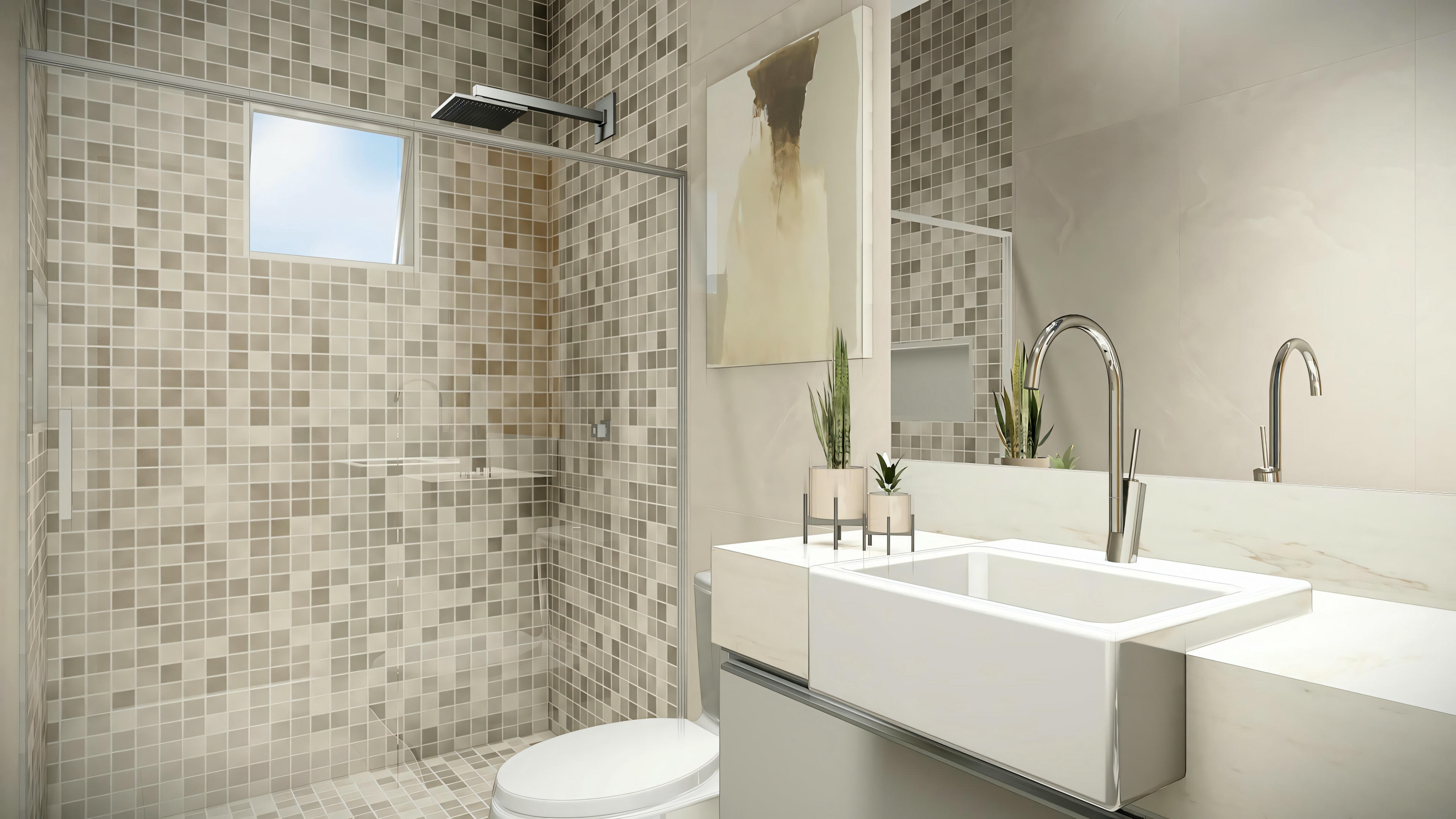 Un baño con azulejos blancos y una mampara de cristal para la ducha.
