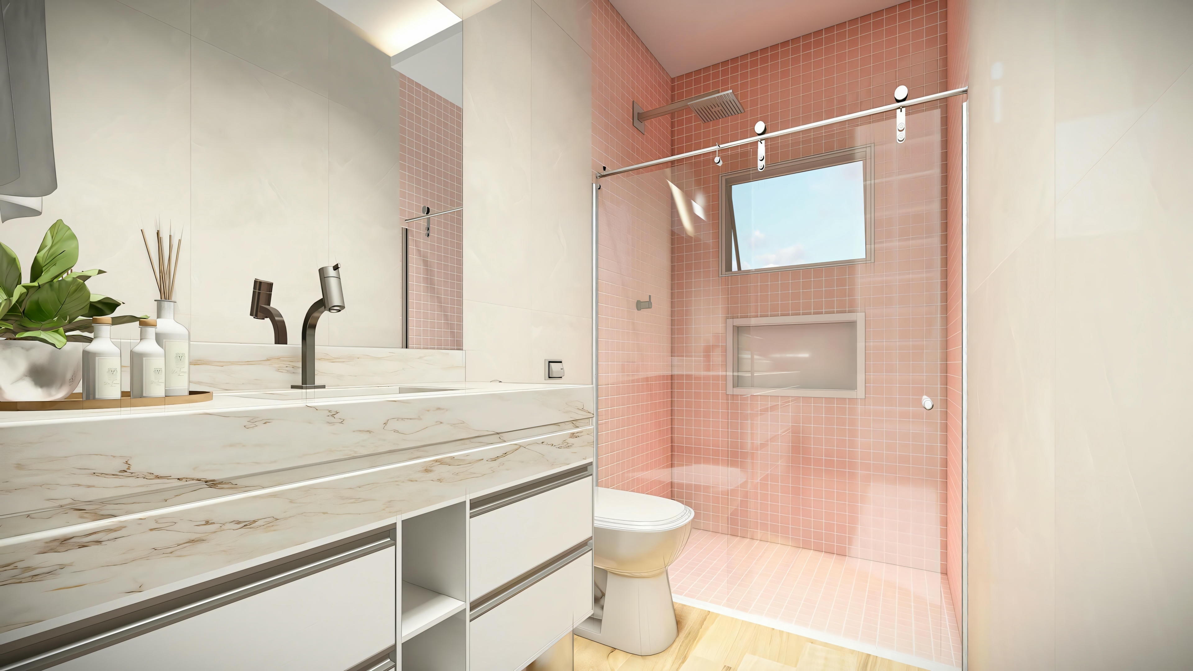 Baño con lavabo, espejo y área de ducha.