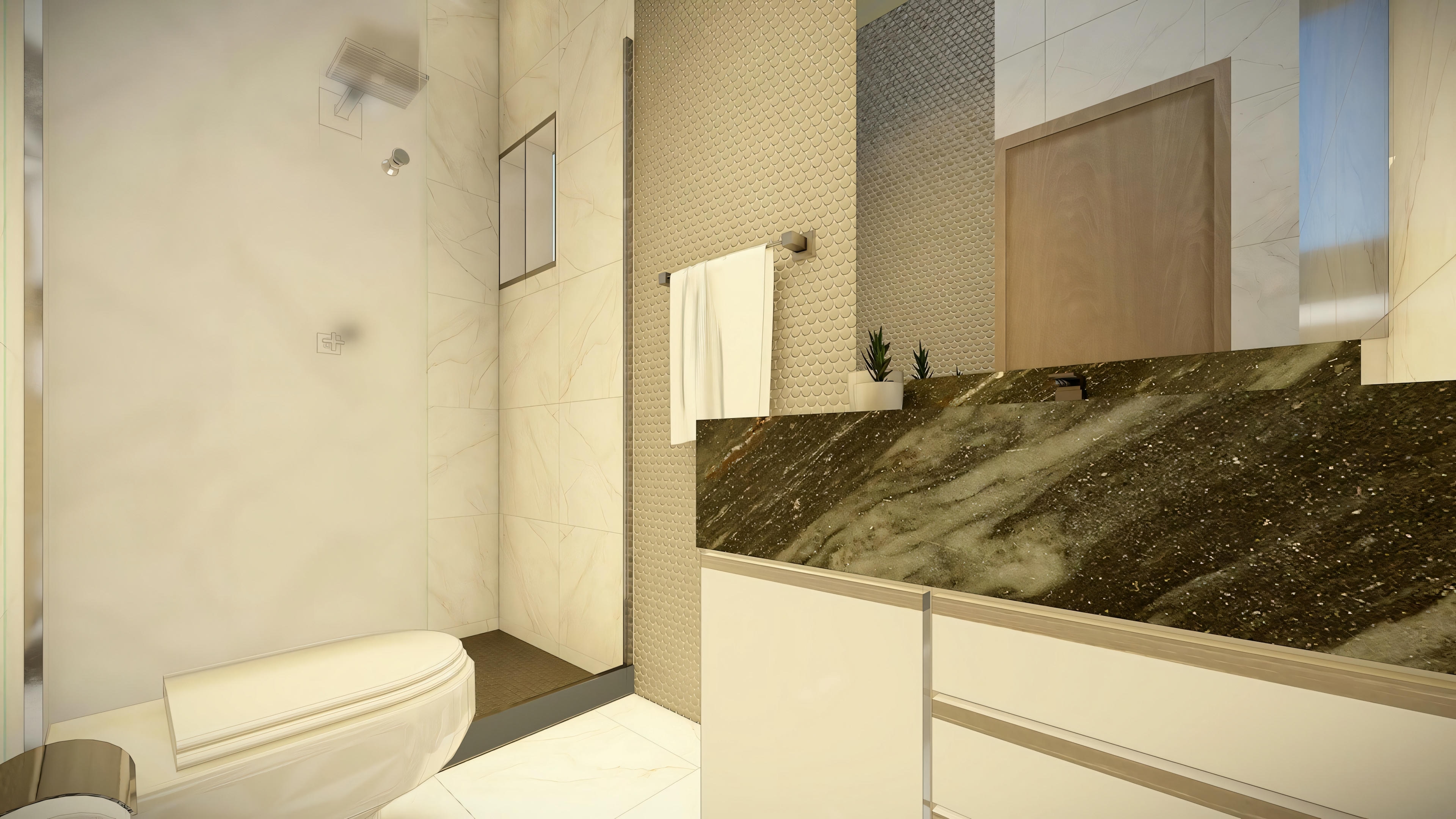Bathroom with walk-in shower and sink counter.