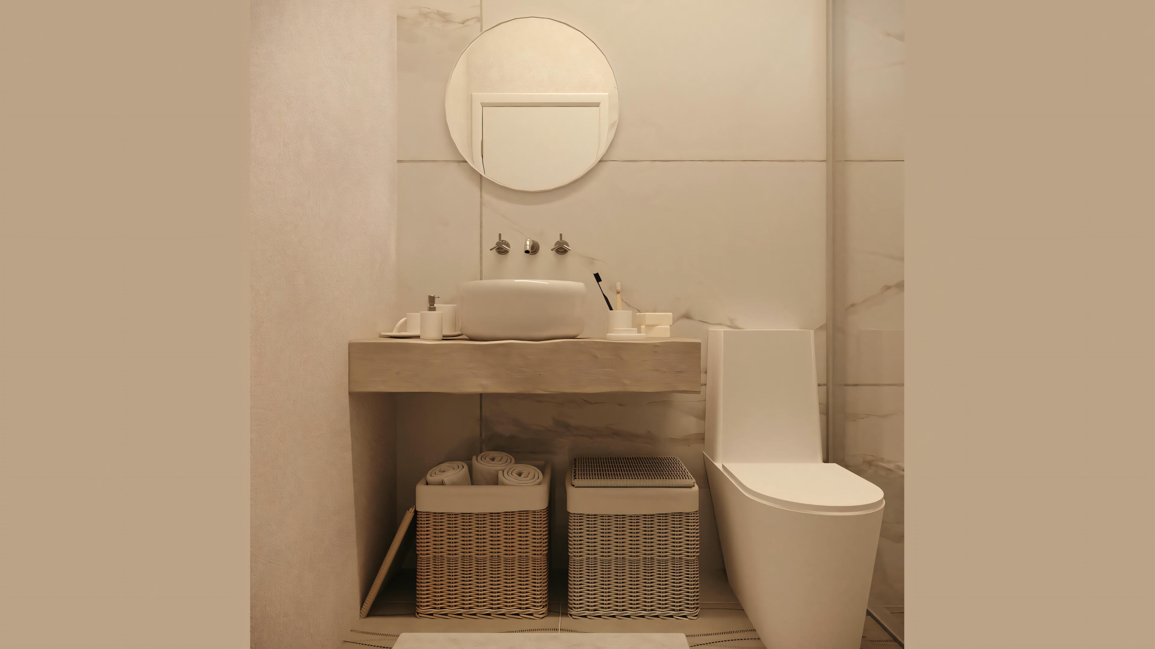 A bathroom with a toilet and a sink with a mirror above it.