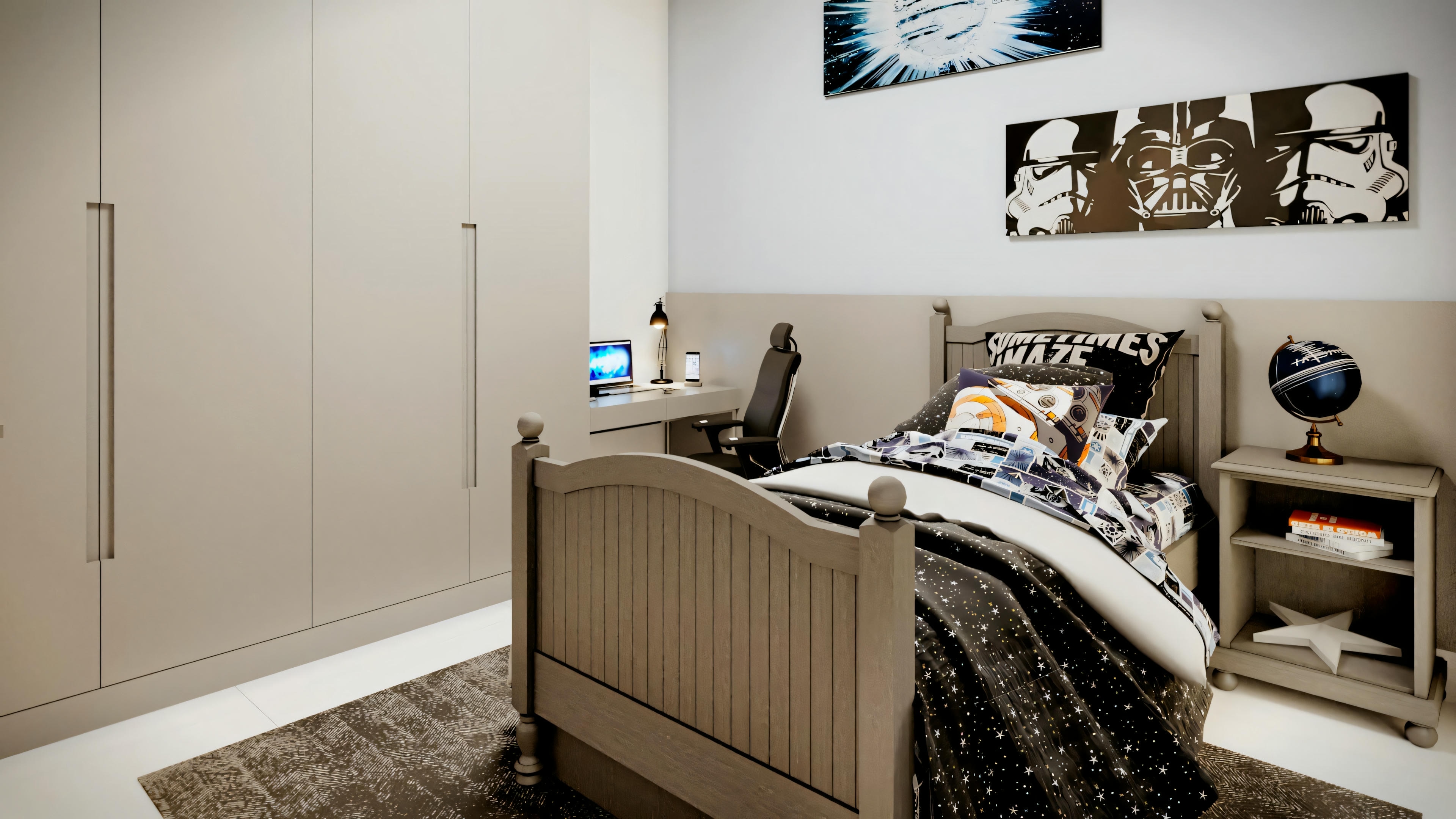 A bedroom with a bed covered in patterned bedding, two nightstands, wall art above the bed, and a rug.