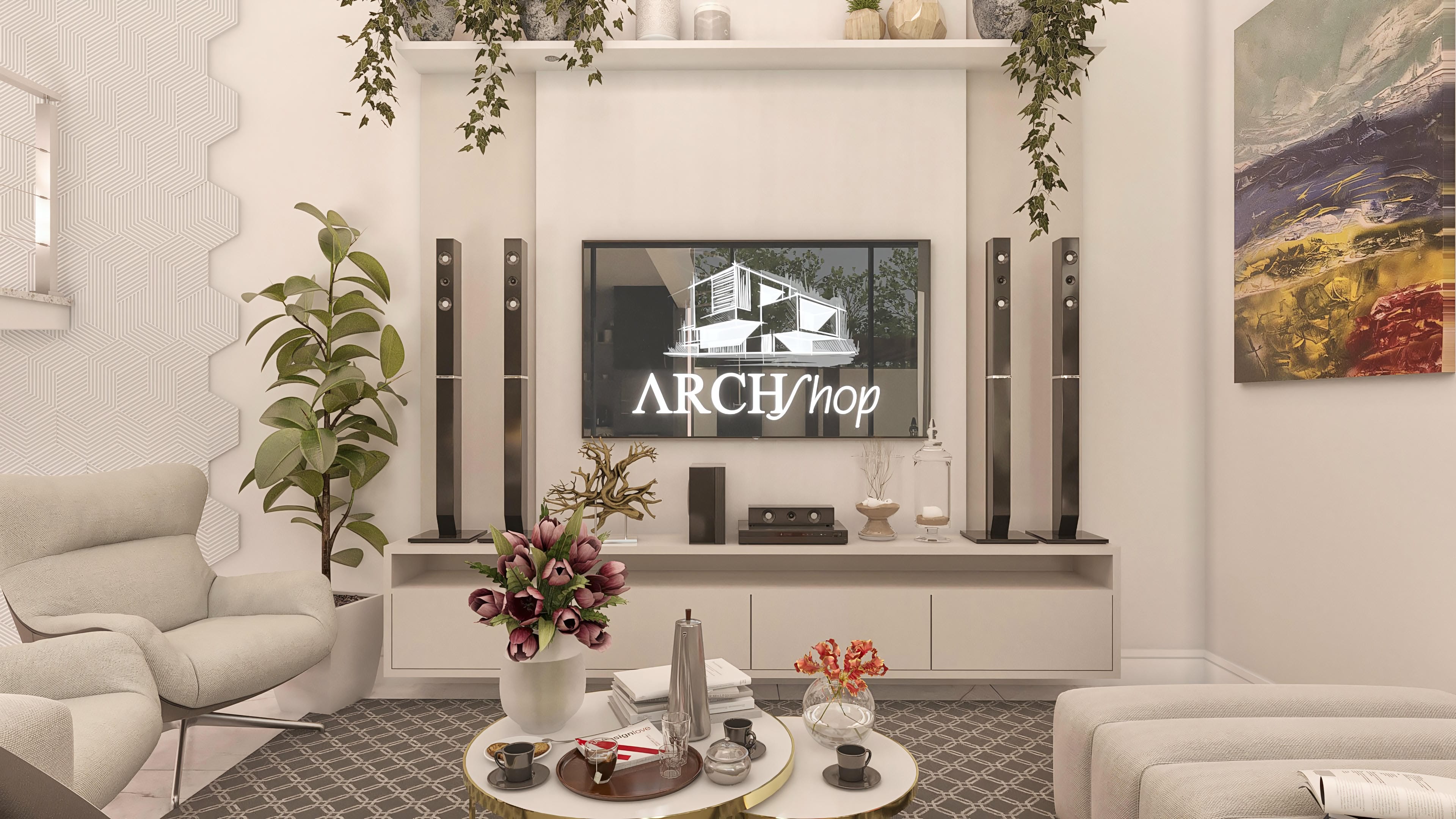 Interior de sala de estar con panel de TV moderno, sillones confortables y elementos decorativos, en proyecto de casa de dos plantas.