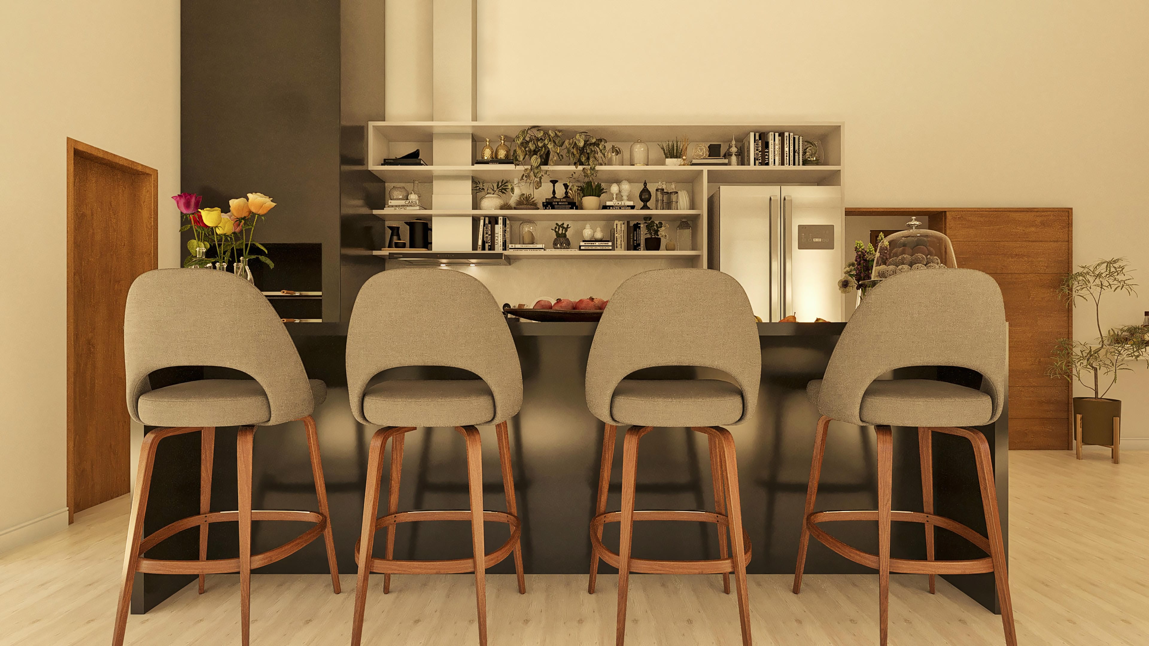 Barras modernas en isla con sillas de diseño acogedor, estanterías con decoración y electrodomésticos integrados.