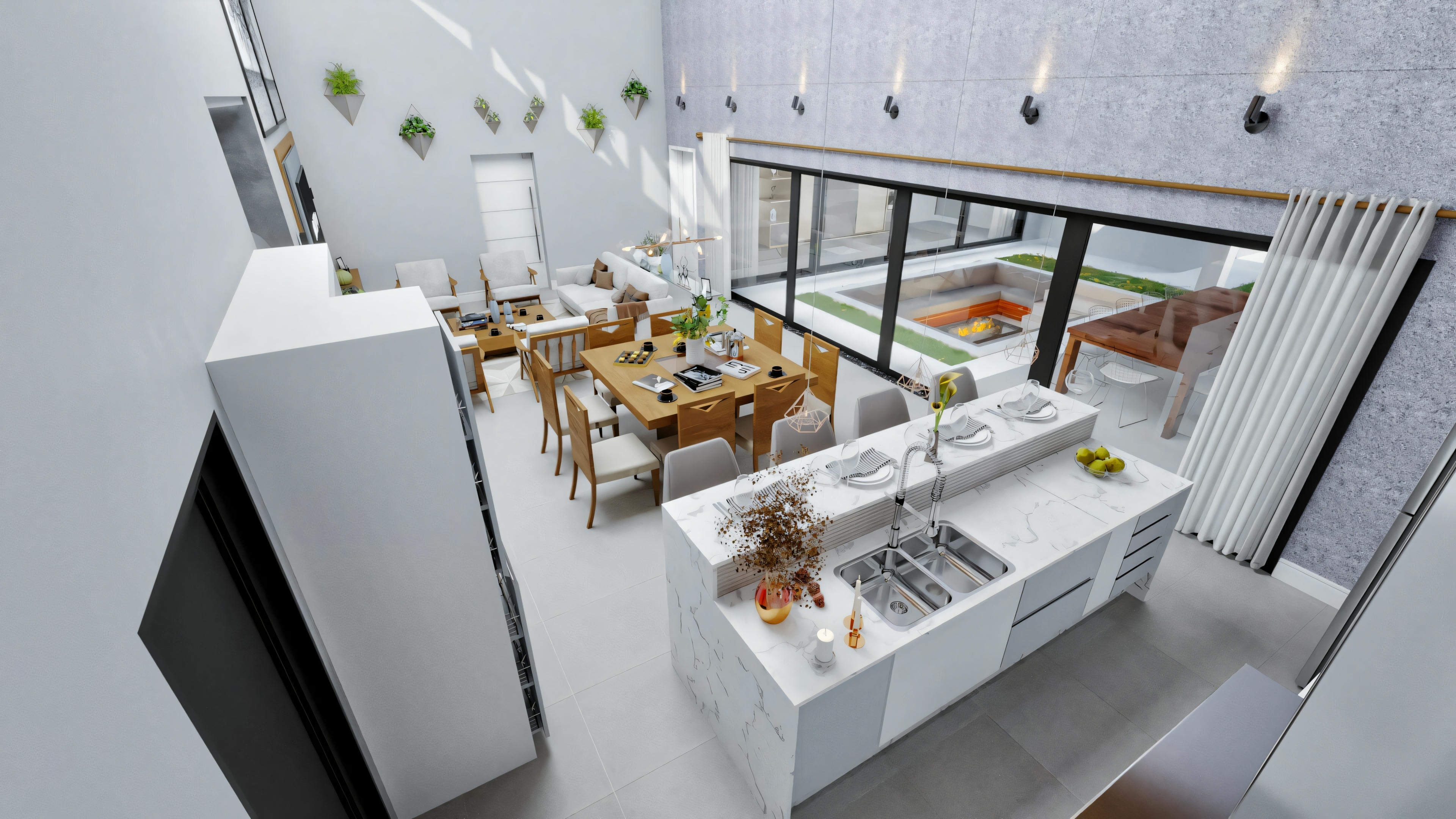 Cocina moderna con armarios blancos, isla central con taburetes y plantas colgantes.