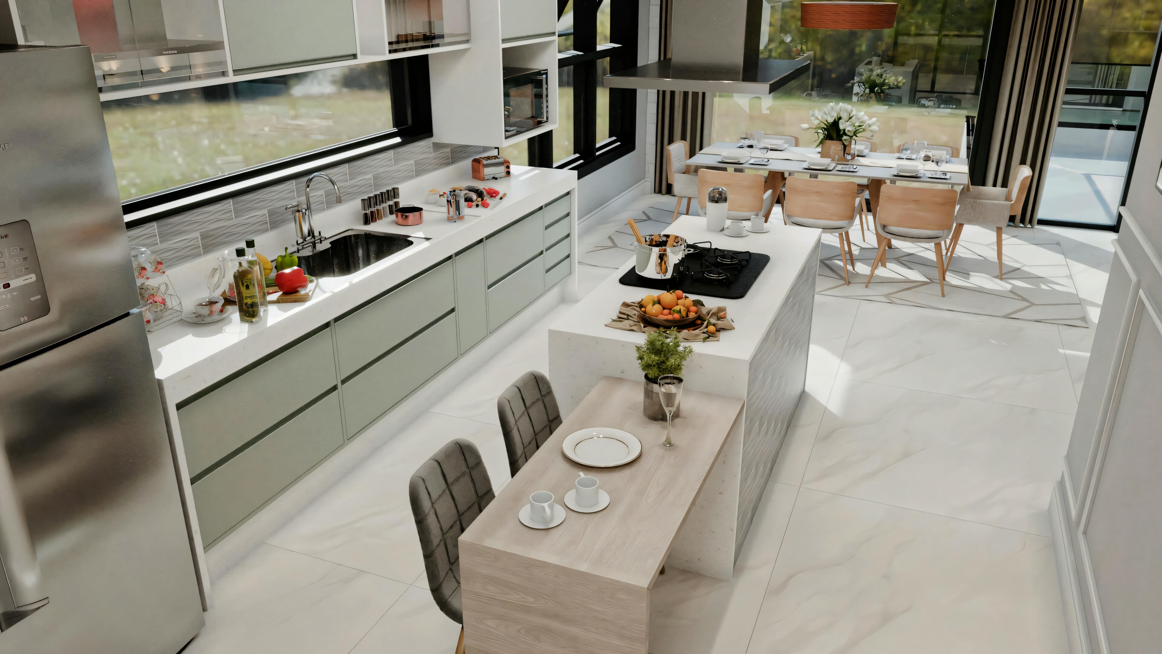 Cocina moderna con electrodomésticos modernos y una encimera con taburetes.